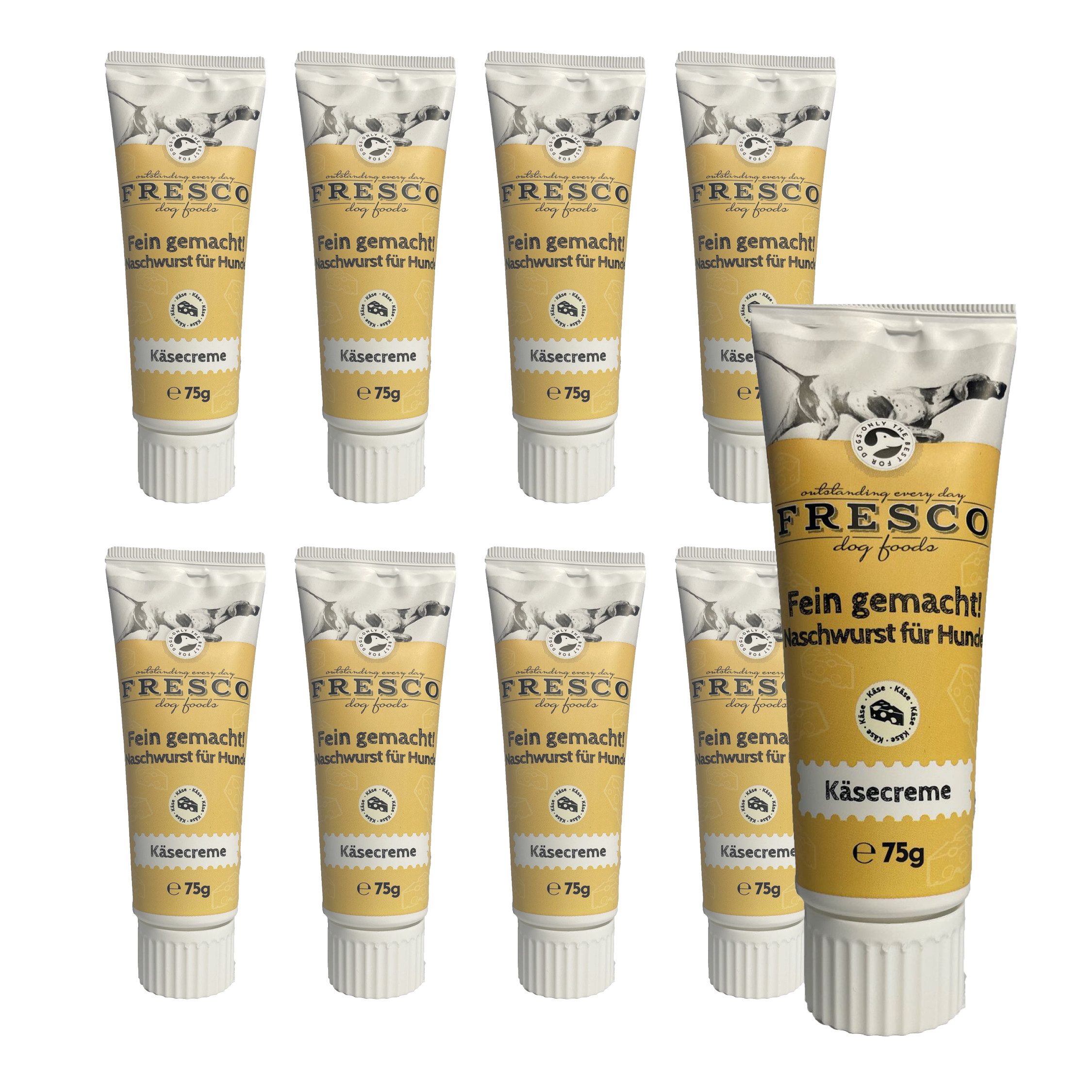 Fresco Dog Leberwurst in der Tube für Hunde I 9x75 g, Käse, Snack für: Hunde, Getreidefrei, zuckerfrei & wiederverschließbar