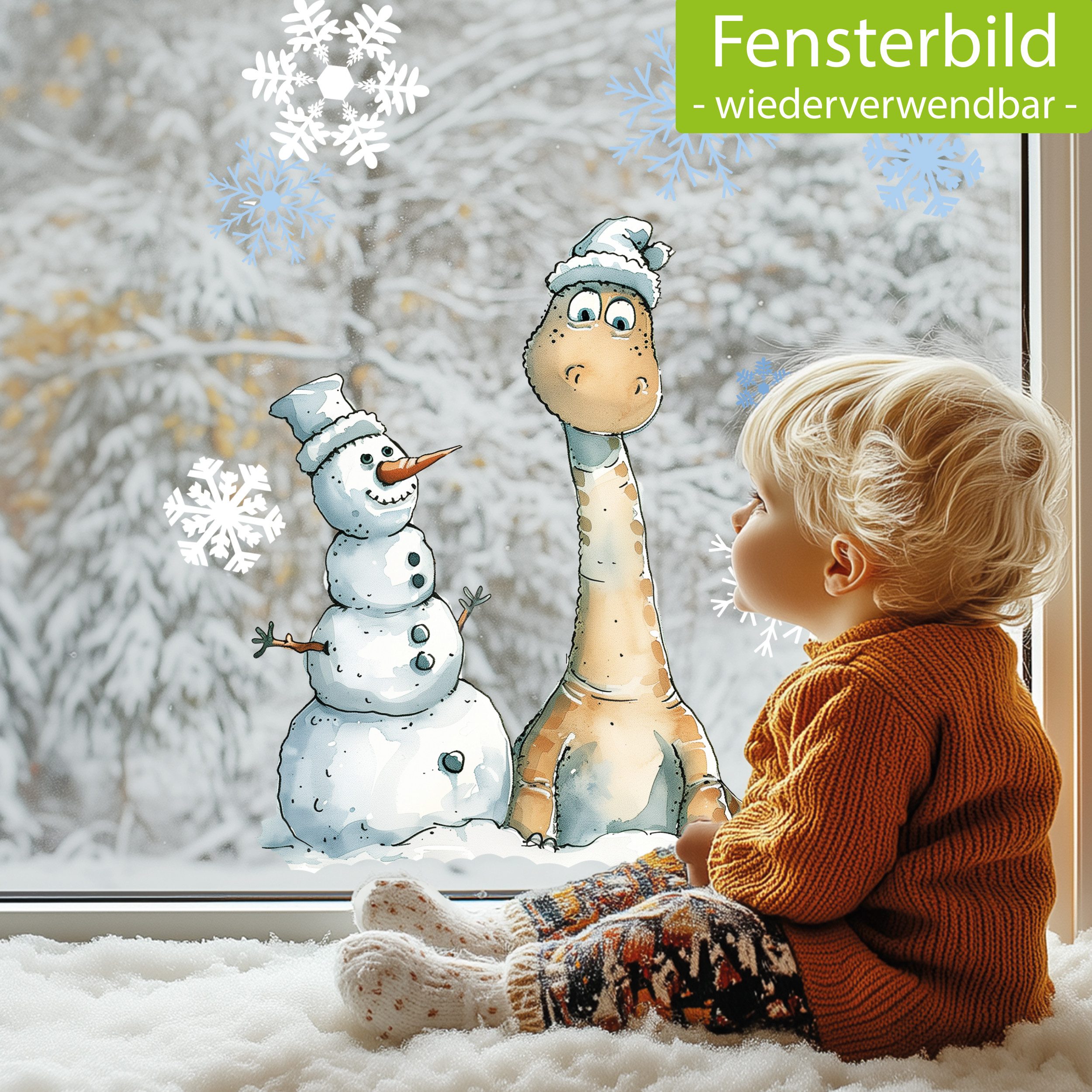 Sunnywall Fensterdekoration Kinderzimmer Fensterbild Winter Langhals Dinosaurier, wiederverwendbar, statisch haftend, beidseitiger Druck
