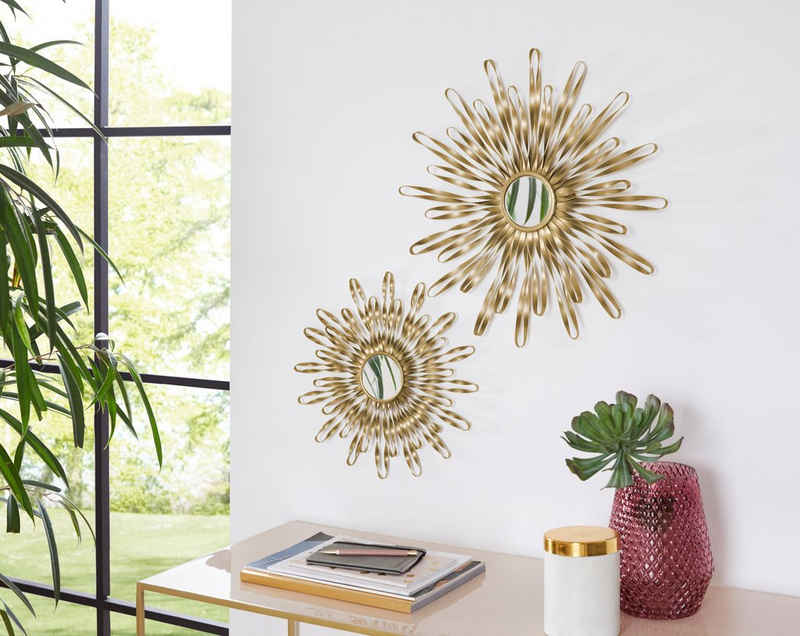 Leonique Wanddekoobjekt »Sonne, gold« (2er-Set), Wanddeko, aus Metall, mit Spiegel, dekorativ im Wohnzimmer & Schlafzimmer