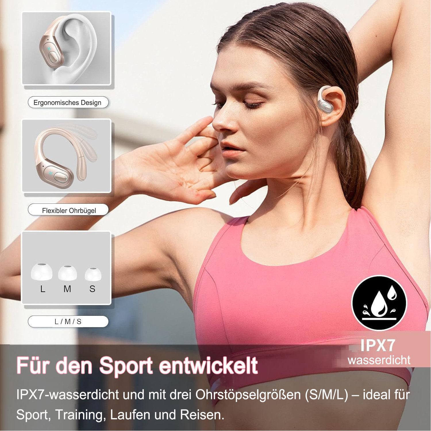 Futicare Sportkopfhörer Bluetooth 5.4 mit Ohrbügel,ENC-Mikrofon und 75 Std.Akku In-Ear-Kopfhörer (kabelloses Headset mit Dual-LED, IPX7 für Laufen, Fitness & Alltag, physische Tastensteuerung gegen versehentliche Berührungen)