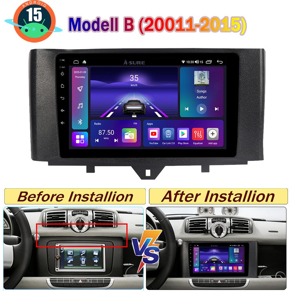 A-Sure Android 15 Apple Carplay 4/8 Core Navi Für Smart Fortwo 451 2005-2015 Autoradio (Digitalradio (DAB), FM, AM)
