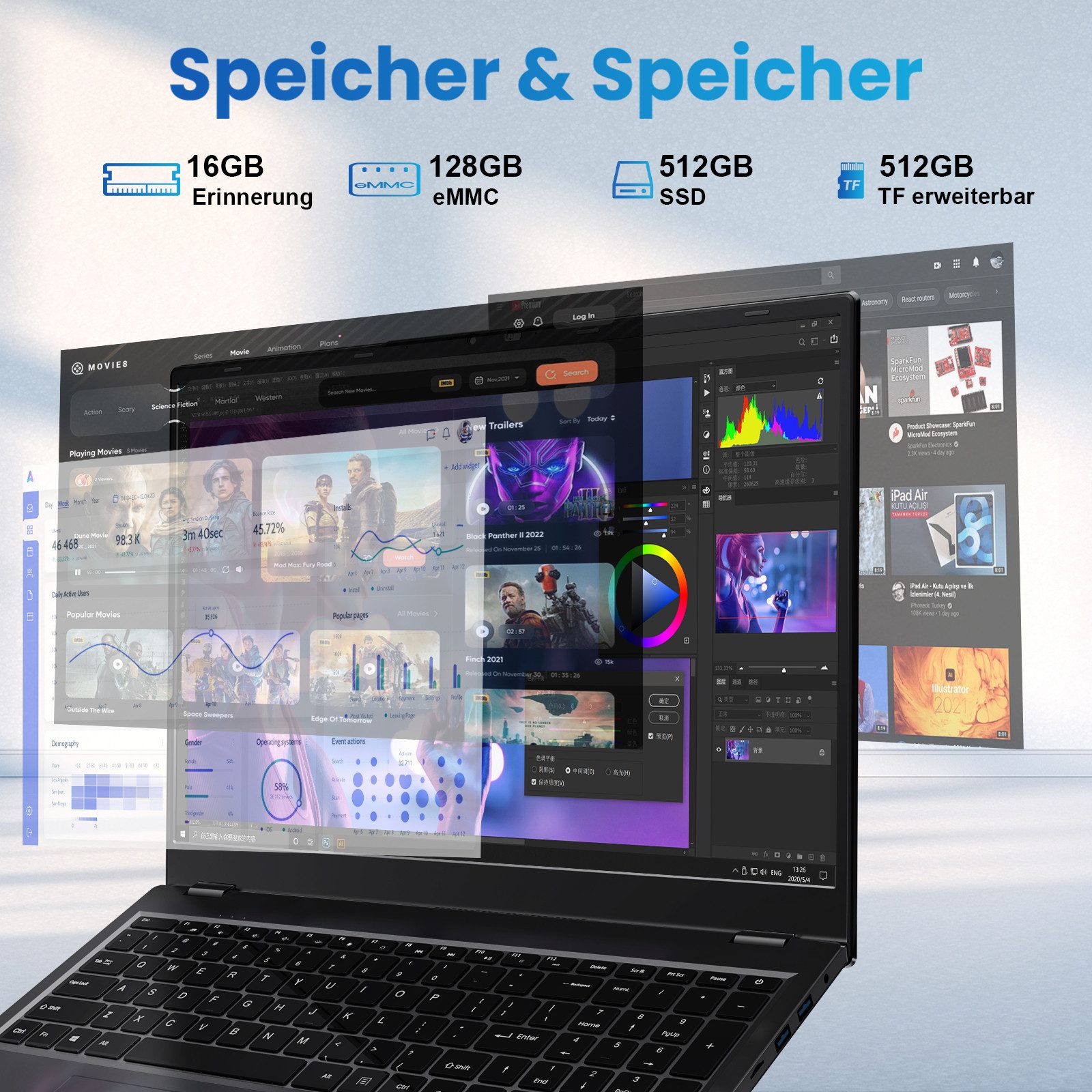 MENGHU 17,6-Zoll Laptop 16GB RAM, beleuchtete Tastatur, FREE Microsoft 365 Notebook (Intel® Celeron® N5095 Intel® Celeron® N5095, 16 GB, 640 GB SSD, 4-core CPU)
