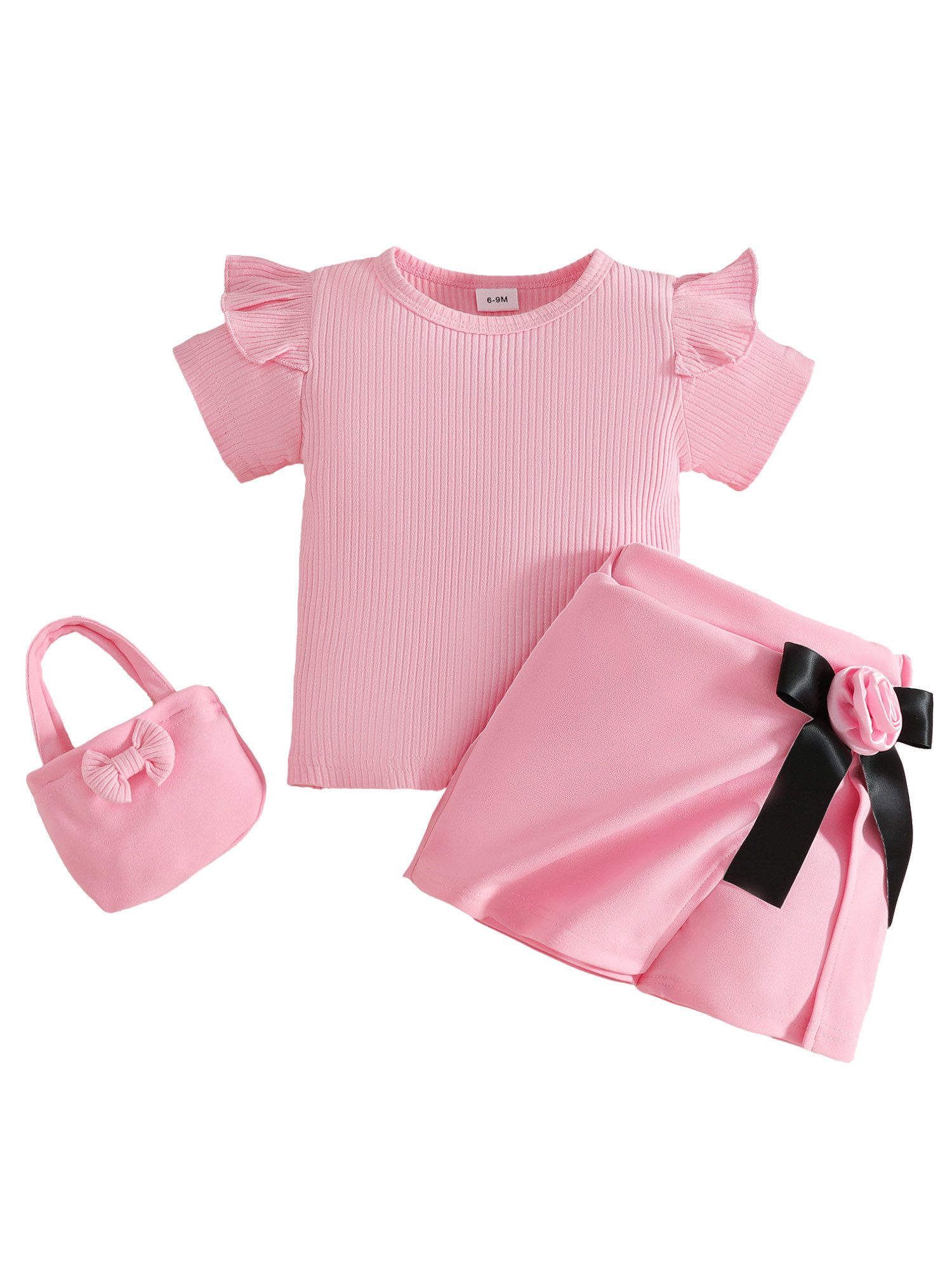 Lapastyle Top & Shorts Mädchen Baby Sommer Set, Alltagskleidung, Partyoutfits, Festtagssets (Set, 3-tlg) Oberteil mit Rüschen, Shorts Skirt mit Blumen-Schleifen, Handtasche