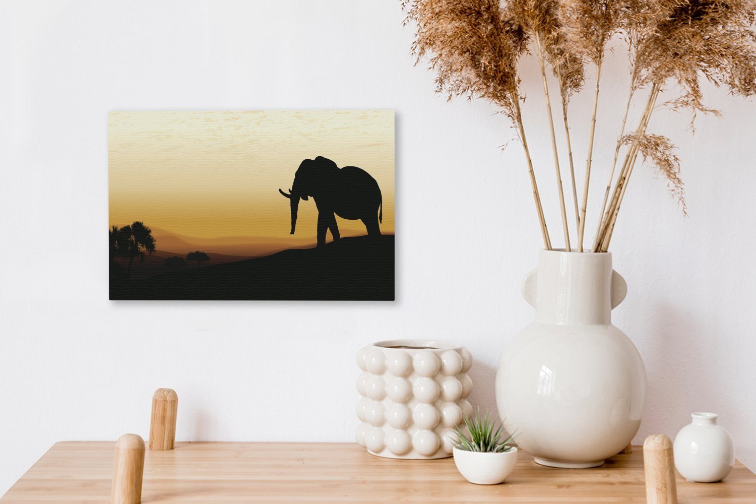 afrikanischen Leinwandbild Sonnenuntergang, Leinwandbilder, Wanddeko, (1 Elefanten eines Illustration Eine bei Wandbild Aufhängefertig, 30x20 St), OneMillionCanvasses® cm