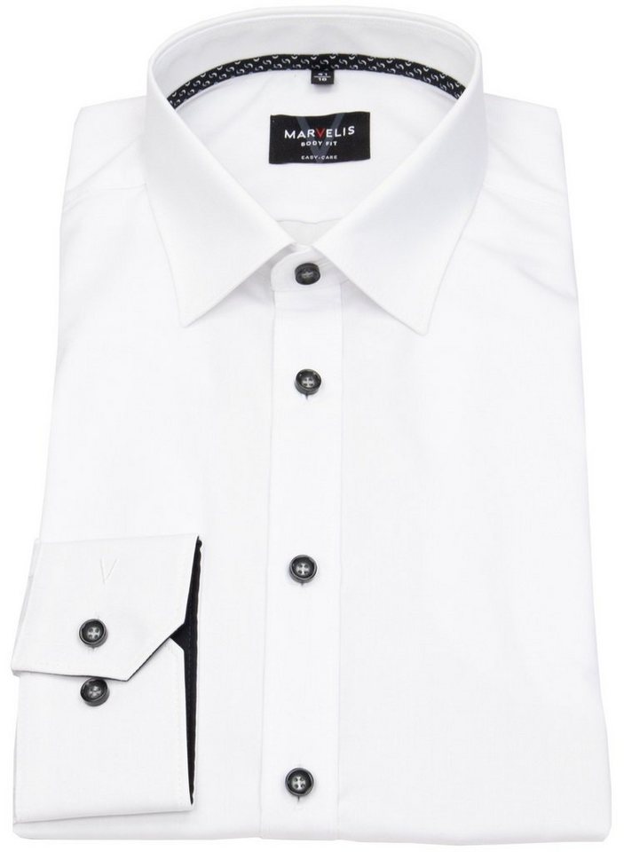 MARVELIS Businesshemd Body Fit stark tailliert Kentkragen Kontrastknöpfe,  Kragen innen schwarz / weiß gemustert