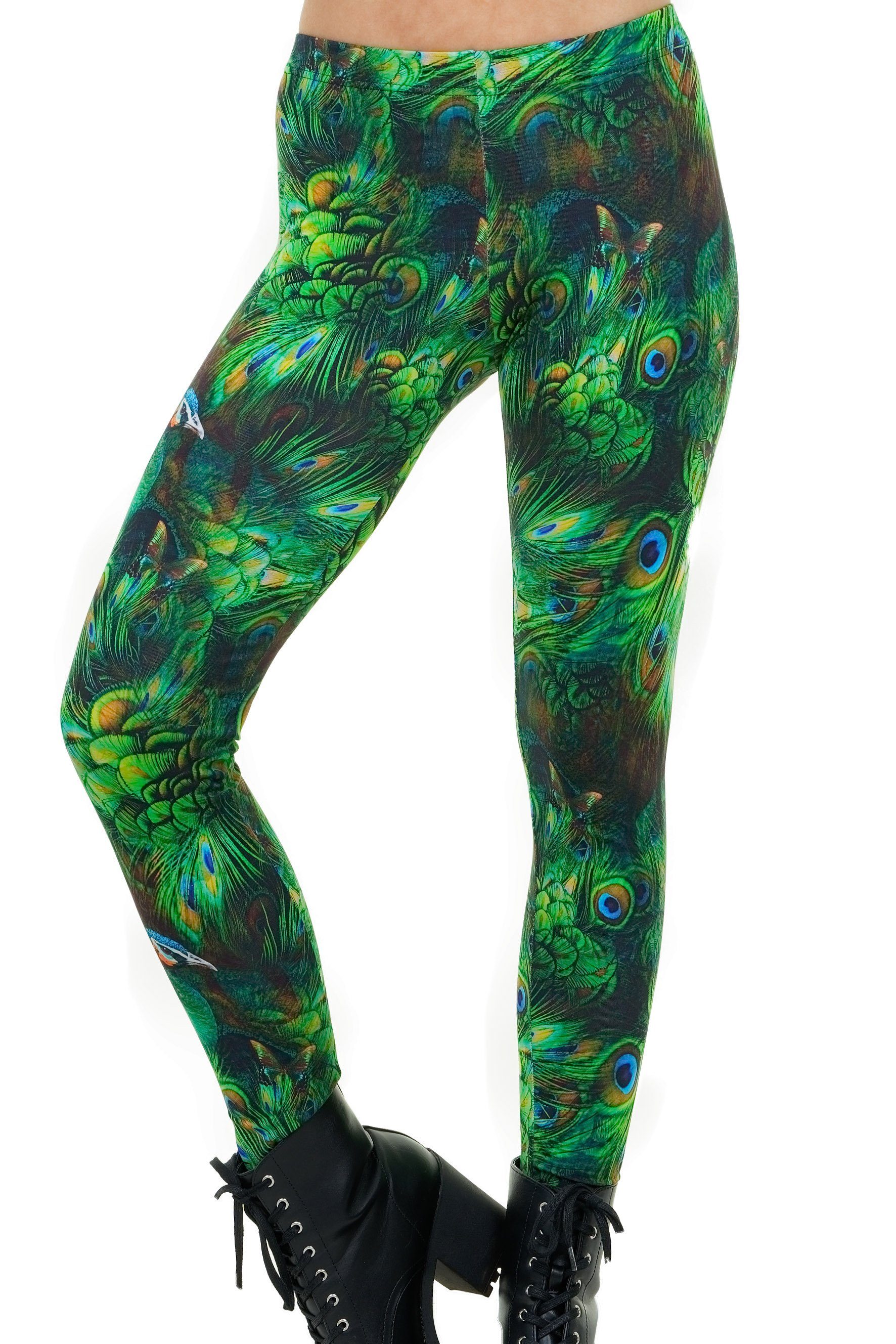 Yogahose Leggings Damen grün Tiermotiv Pfau Baumwolle by Leggins Love
