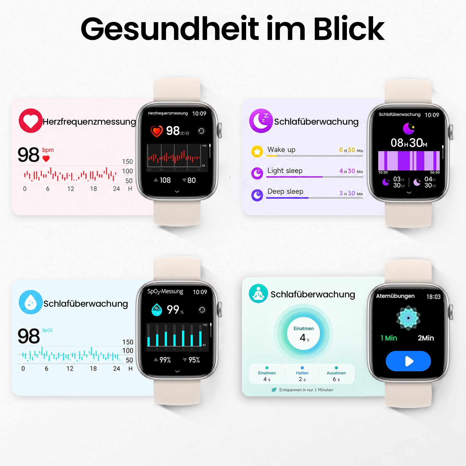 Whraills 2026 Smartwatch Herren Damen 1.83 " AMOLED Display Smartwatch 800mAh Smartwatch, Herzfrequenz-/Atemübungen-/SpO2-/Schlafüberwachung für Android und iOS – Bild 3 von 5