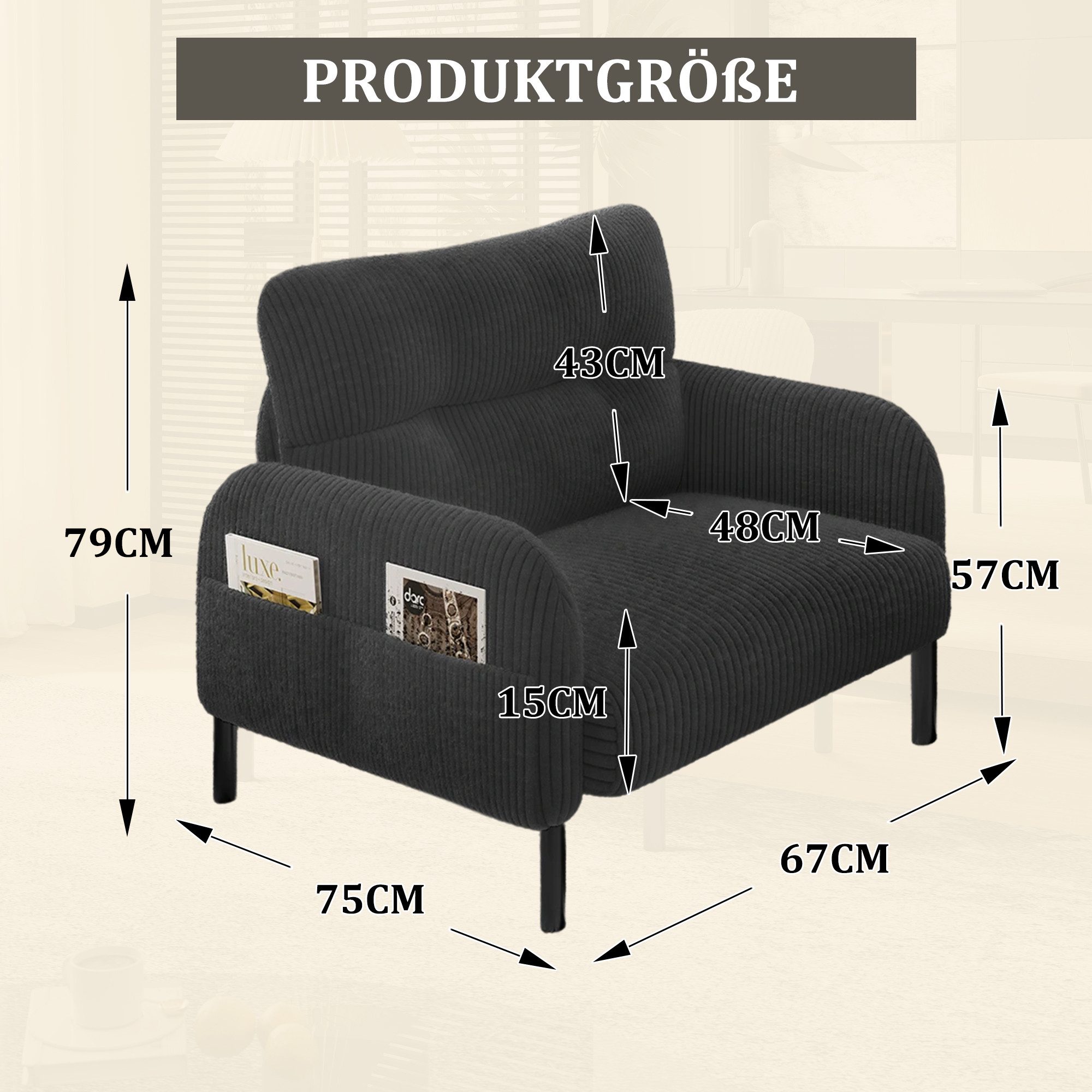 Celya Sessel Relaxsessel Polsterstuhl Loungesessel, Cordstoff (1-St, 67x75x79 cm, Armlehnen mit Seitentaschen auf beiden Seiten), geeignet für Wohnzimmer, Schla – Bild 2 von 5