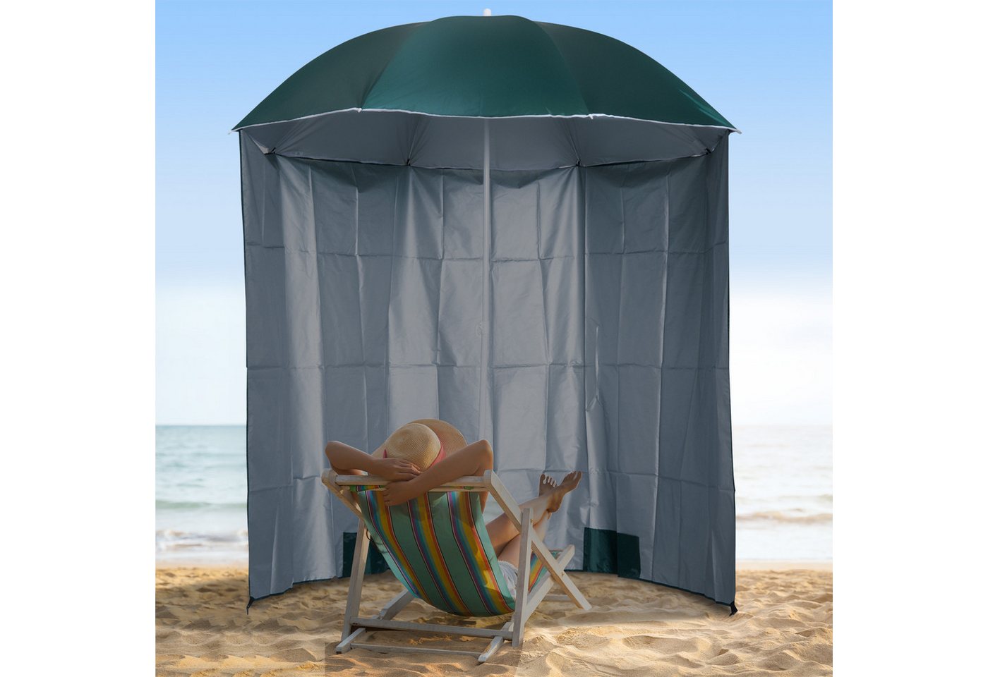 Thumbnail - Outsunny Sonnenschirm Sonnenschutz mit Seitenwand, Strand,Polyester, Dunkelgrün, LxB: 220x220 cm, Sonnenschutz, Strandsc...