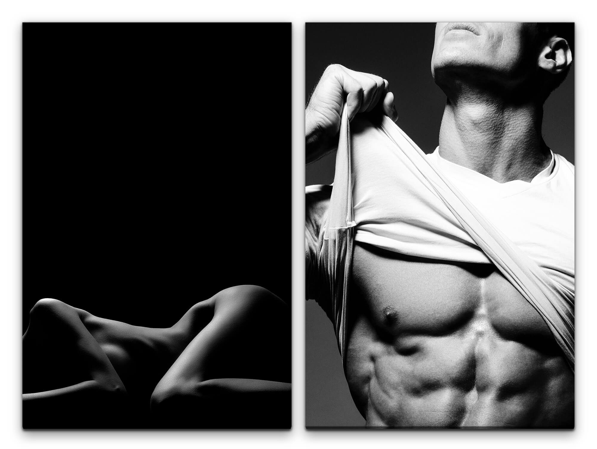 Sinus Art Leinwandbild 2 Bilder je 60x90cm Erotisch Muskulös Akt Schwaz Weiß Liebe Prickelnd Schlafzimmer