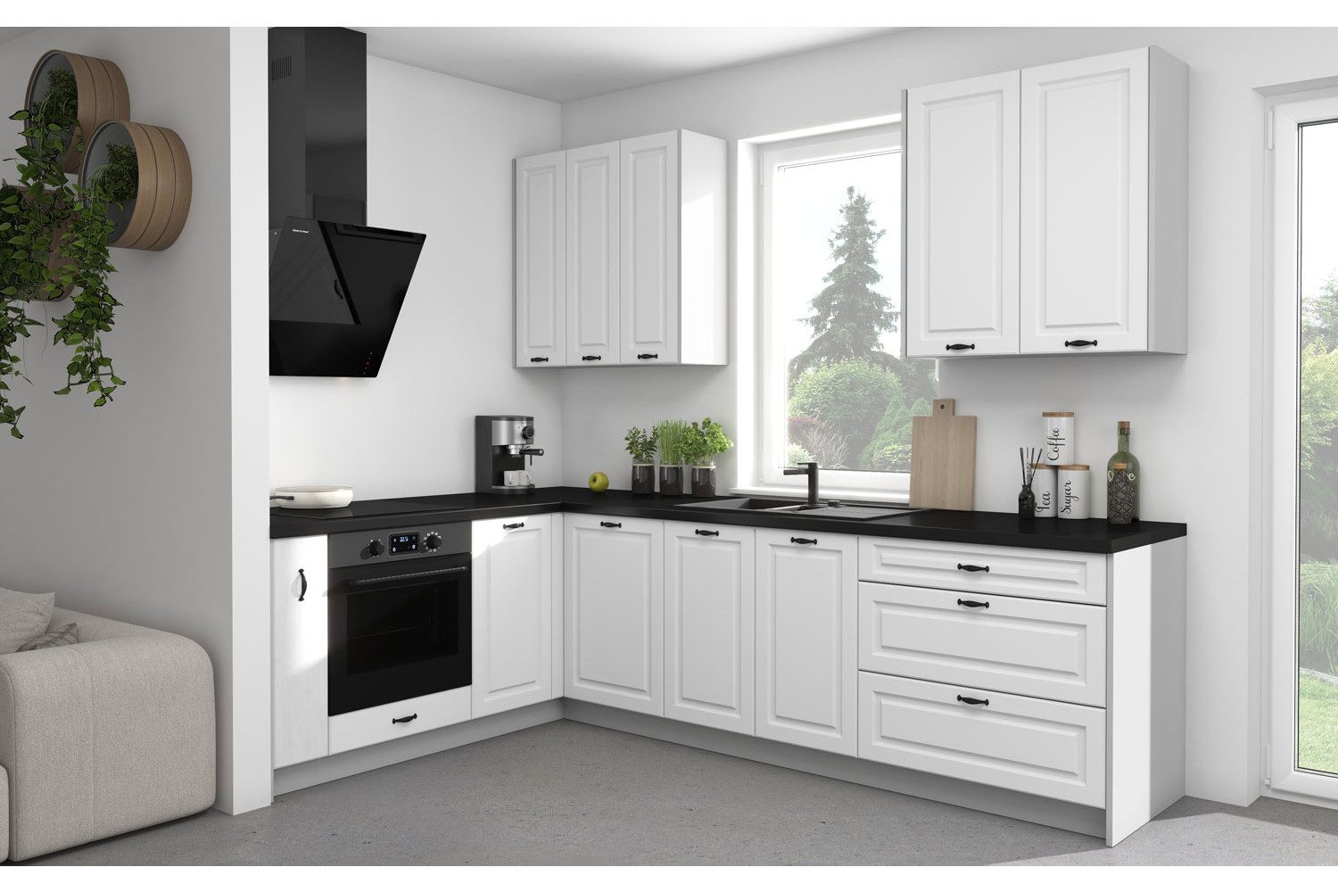 Feldmann-Wohnen Küchenzeile Elbing, (Elbing), 182x283cm grau / weiß matt, Teilauszug (Blum), Soft-Close-Funktion