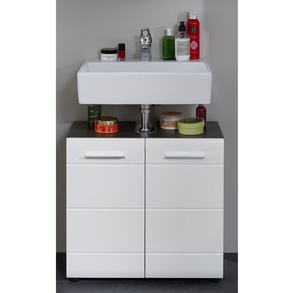 trendteam Waschbeckenunterschrank Line Badschrank Unterschrank Badmöbel Weiß/Rauchsilberfarbig 60x57x31cm
