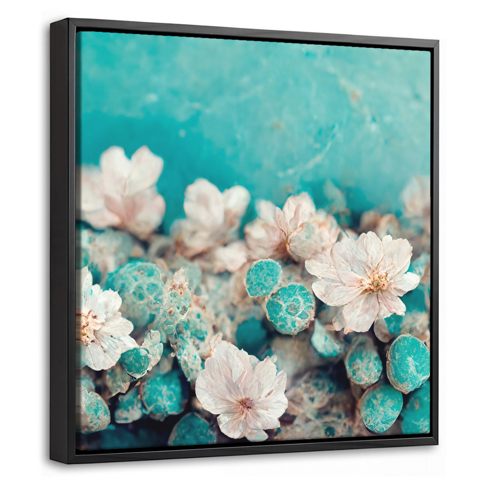 OneMillionCanvasses® Leinwandbild mit Rahmen - Blumen - Blau - Natur - Weiß, Fotodruck (1 St), Leinwand Bilder Klein, Wand Dekoration Aesthetic 20x20cm