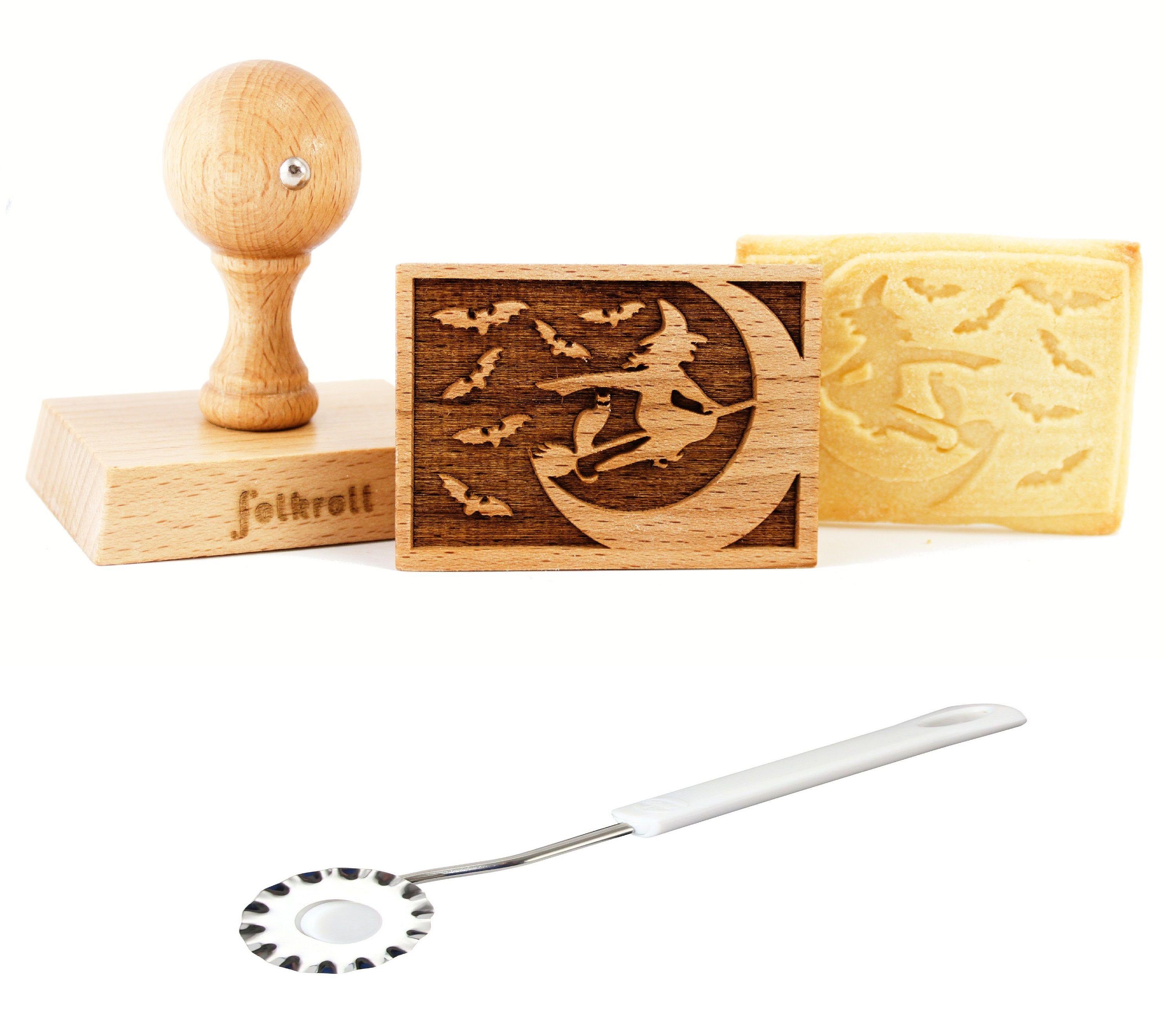 folkroll Gebäckstempel Folkroll Motiv Keksstempel Hexe Helloween 5x7cm mit Teigrädchen 334744