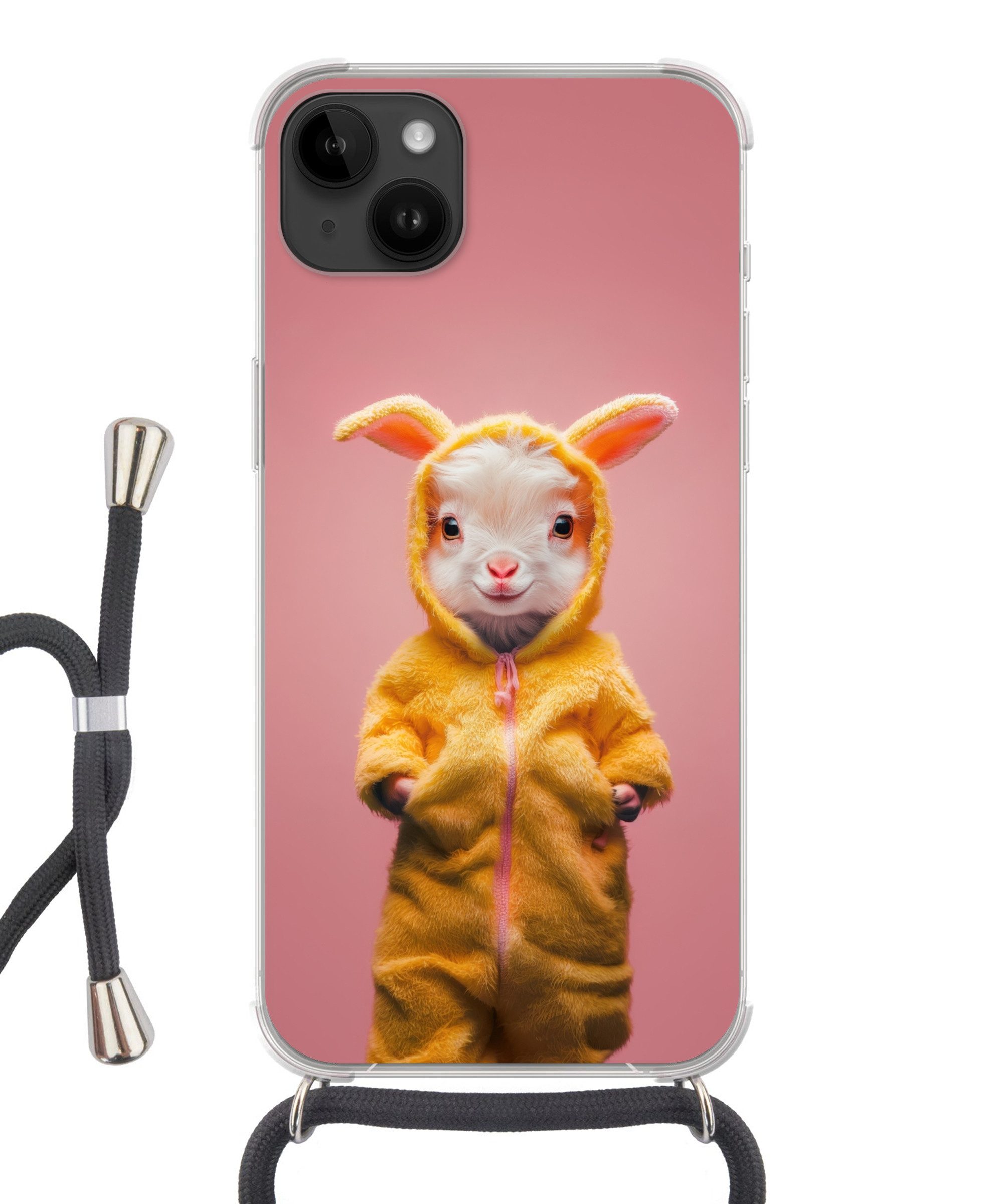 MuchoWow Handyhülle für Apple iPhone 14 Max Kostüm - Ziege - Osterhase, Tragbare Handyhüllen mit Kette zum umhängen, Handykette Handyband