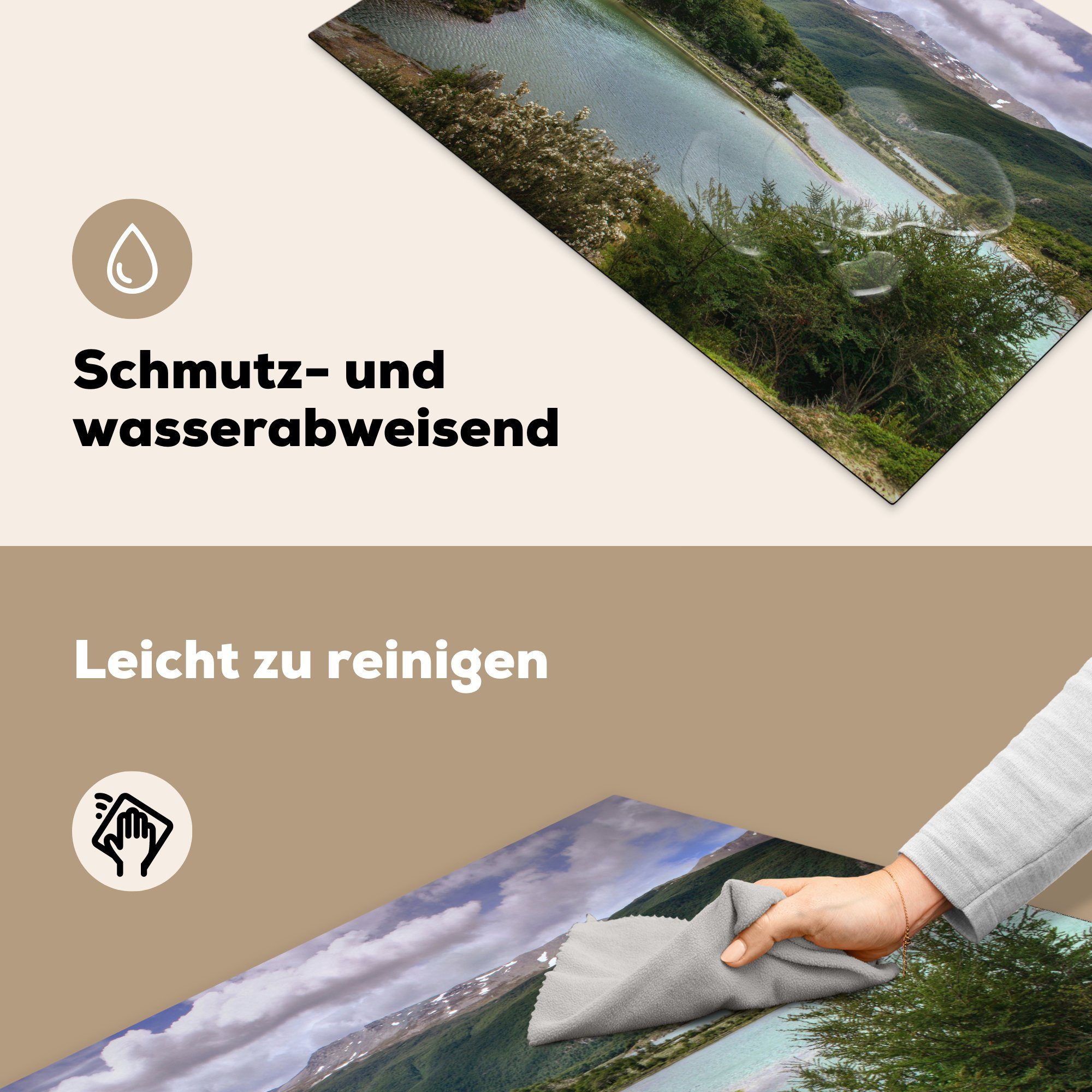 in des Ceranfeldabdeckung tlg), (1 Herrlich Induktionskochfeld cm, für Herdblende-/Abdeckplatte 81x52 MuchoWow Schutz grüne Vinyl, Feuerland-Nationalparks, küche, die den Hügeln Natur