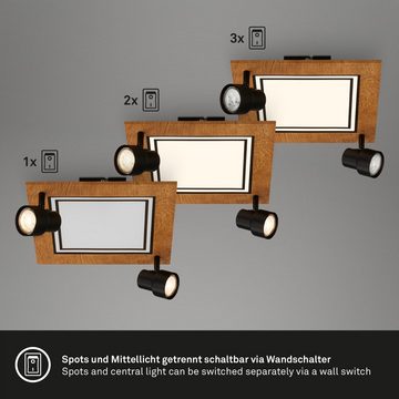 Briloner Leuchten Deckenleuchte 3762025, schwenkbar, Spots- & Mittellicht schaltbar, LED wechselbar, Warmweiß, Deckenlampe, 29,5x29,5x15,5cm, Schwarz-Holz, 12W, GU10, Wohnzimmer