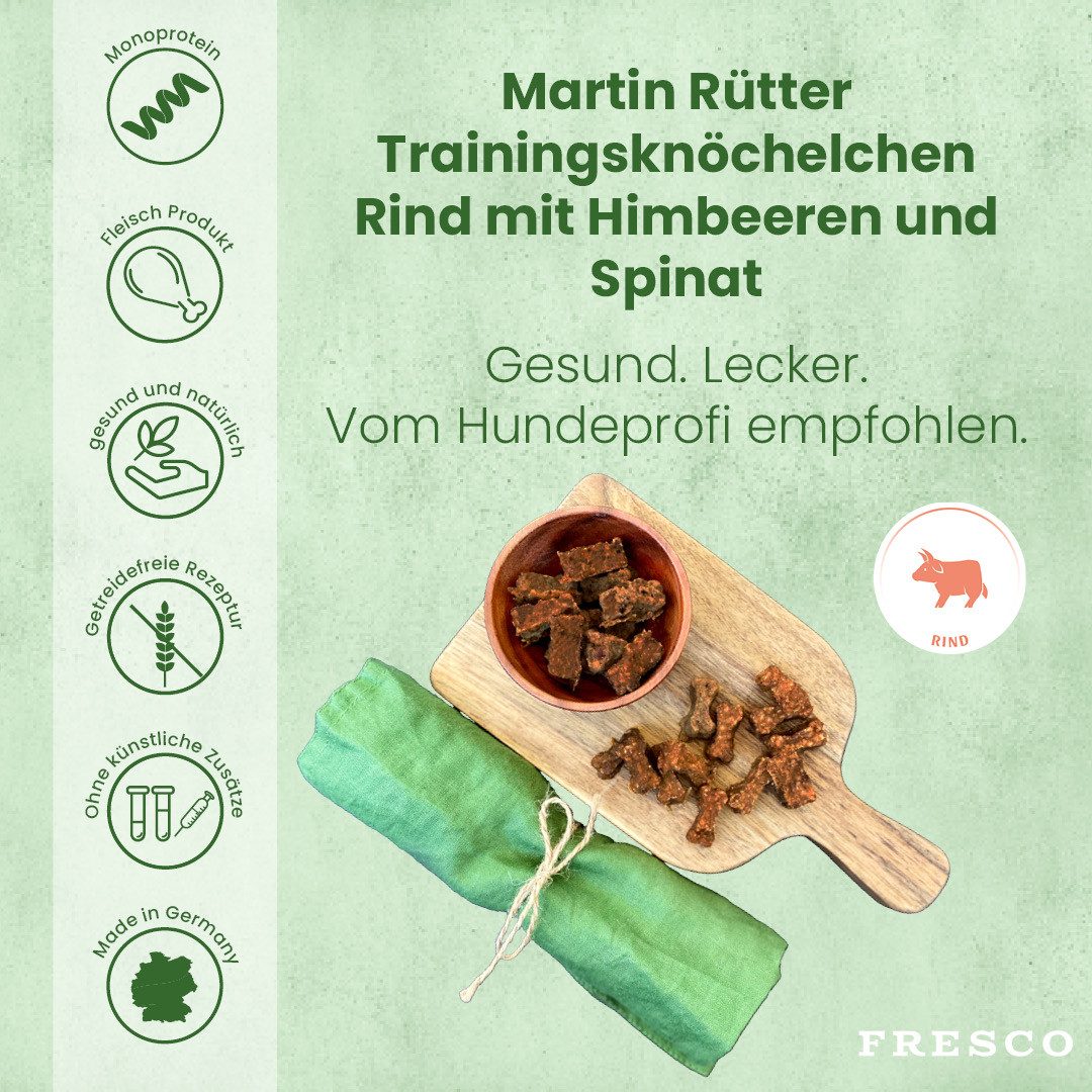 Fresco Dog Martin Rütter Trainingsknöchelchen 1kg, Hunde Leckerli Rind mit Himbeeren & Spinat, Snack für: Hunde, Getreidefrei, zuckerfrei & hoher Fleischanteil