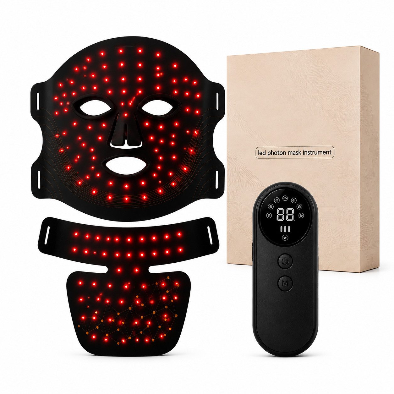 Toomoke LED-Gesichtsmaske LED Maske Gesicht mit Halsmaske Set, Lichtmaske Gesicht, 4 Lichtmodi, 60 LED Module, 180 LED Chips, wiederaufladbarer Controller, LED Gesichtspflege Gerät