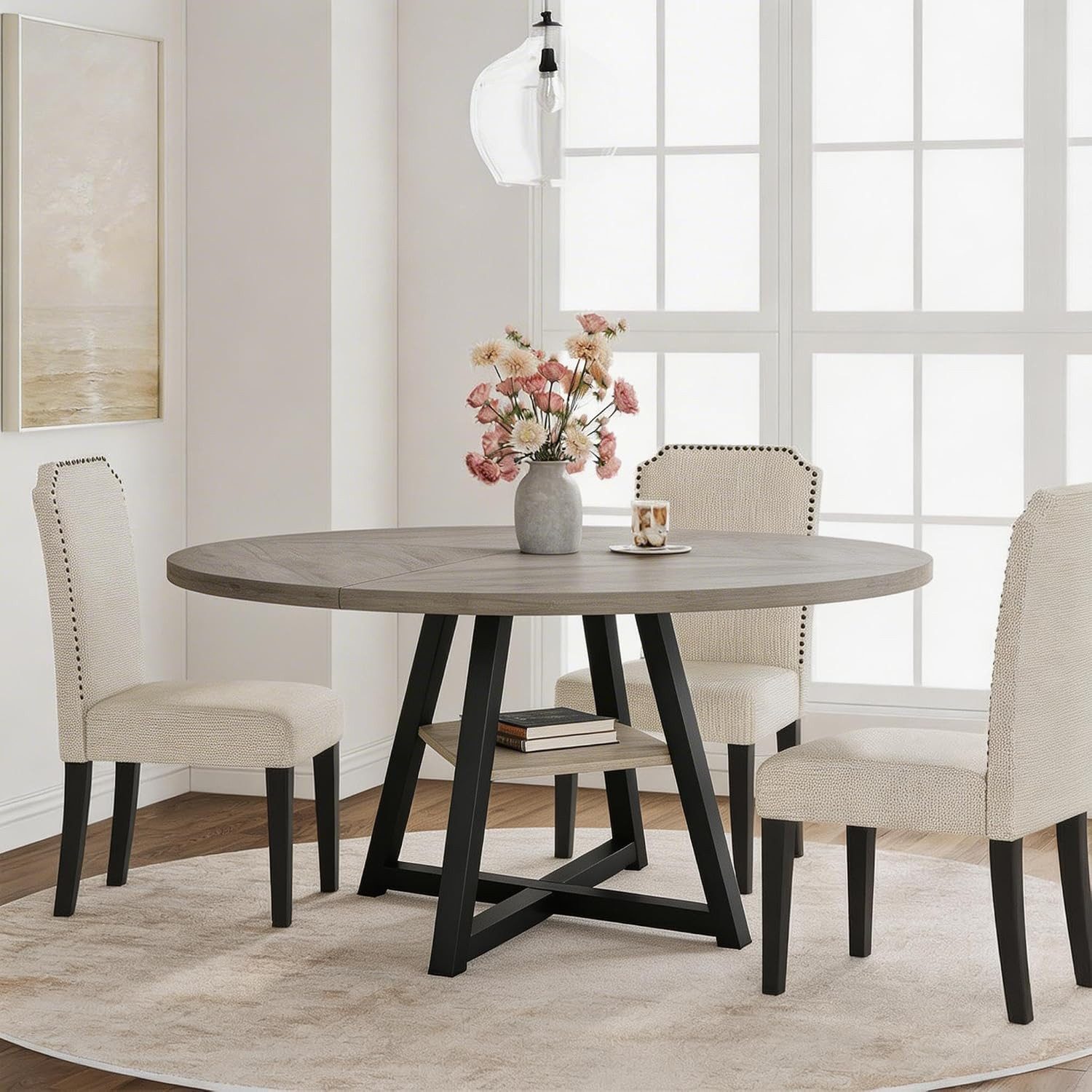 GarveeMore Esstisch Runder (120 cm) für 4–6 Personen, runder Holztisch mit Ablagefach, Esszimmertisch im Industrial-Stil für Küche und Esszimmer,platzsparend