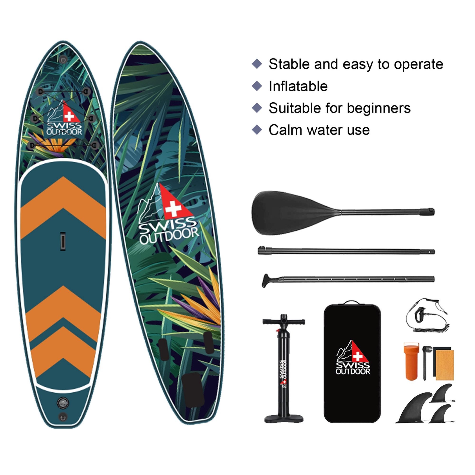 Swiss Outdoor SUP-Board Stand Up Paddle SUP dschungel, (Set, mit Paddel, Transporttasche, Finnen, Pumpe), mit Paddel, 2 Wege Pumpe, Rucksack, 3 Finnen