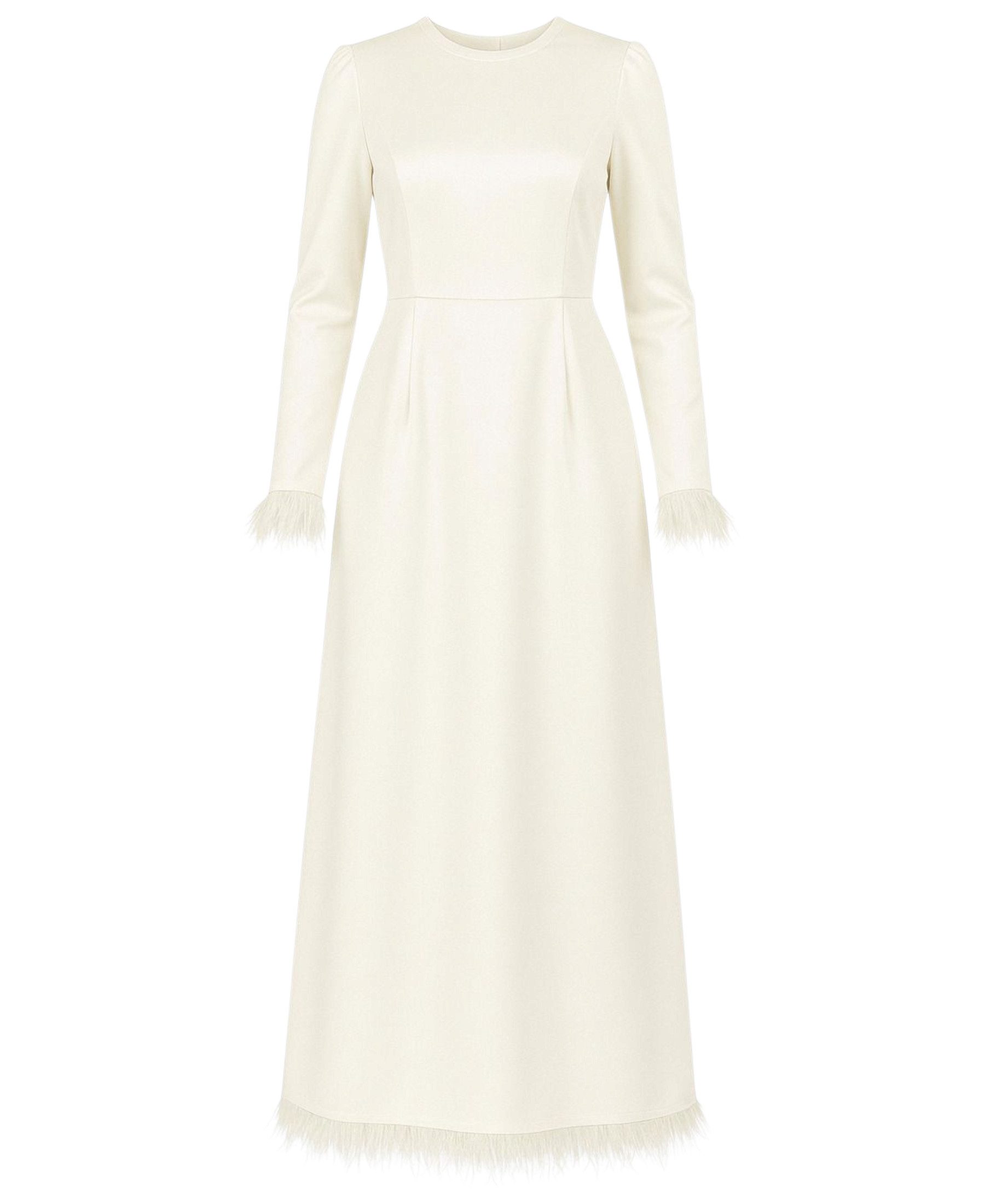 fashionshowcase Satinkleid Damen Abendkleid schlicht Abiye Abaya Modest Fashion Federdetails am Saum und an den Ärmelabschlüssen