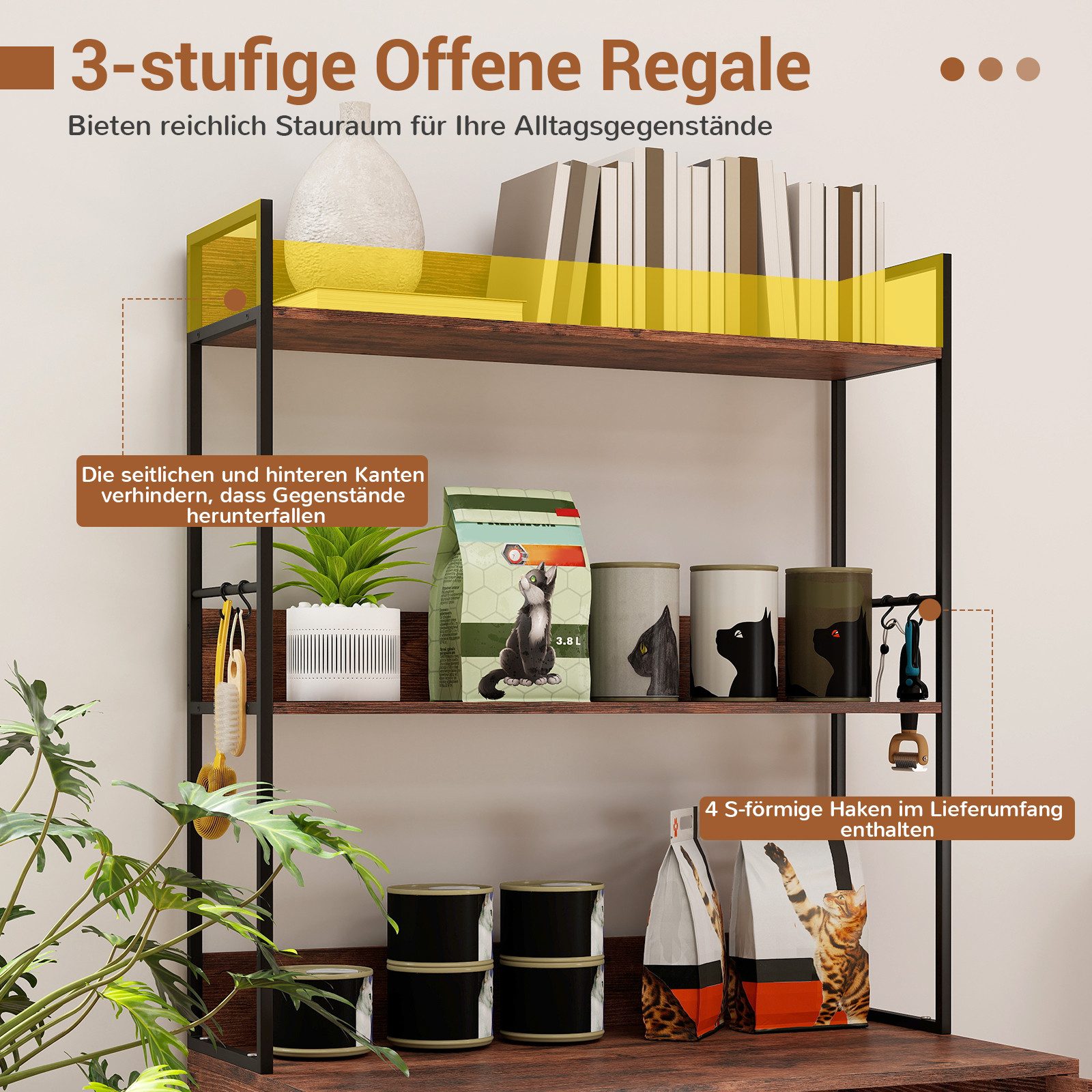 COSTWAY Tierhaus, Katzenschrank mit Bücherregal, 4 Haken, Katzenklo Schrank