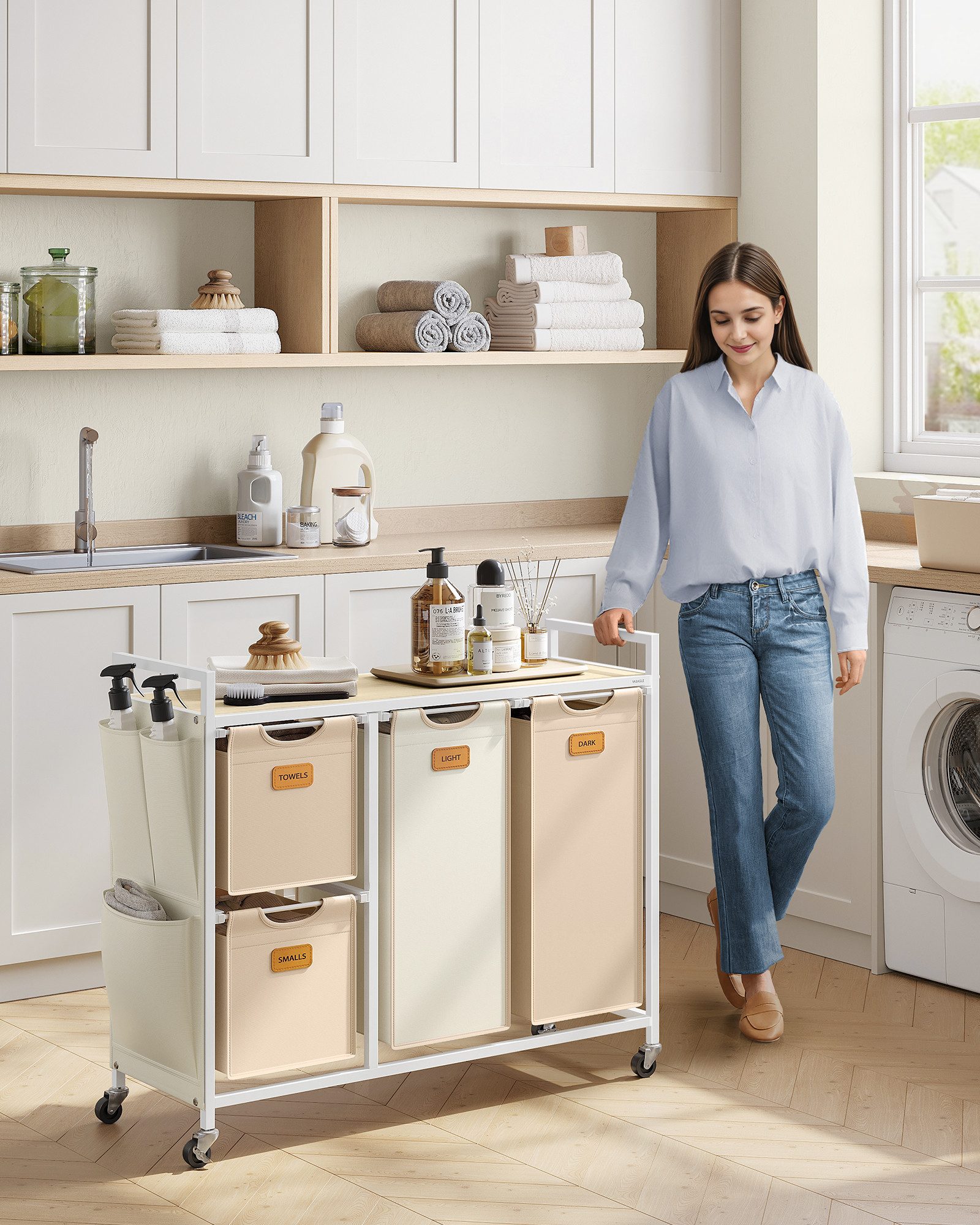 VASAGLE Wäschekorb, Wäschesammler, Wäschesortierer, Rollen, Wäschewagen mit günstig online kaufen