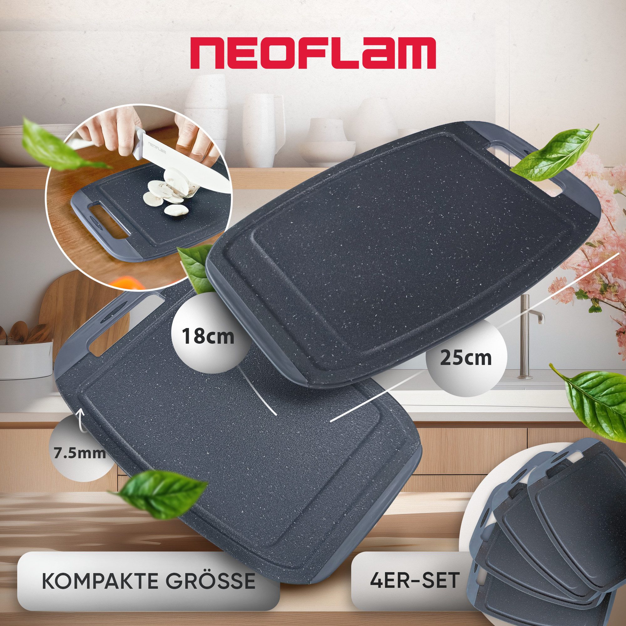 NEOFLAM® Schneidebrett BiJu Antibakterielles Frühstücksbrettchen Set, 4tlg. - Granitschwarz, Kunststoff (PP), (4-St) – Bild 2 von 5