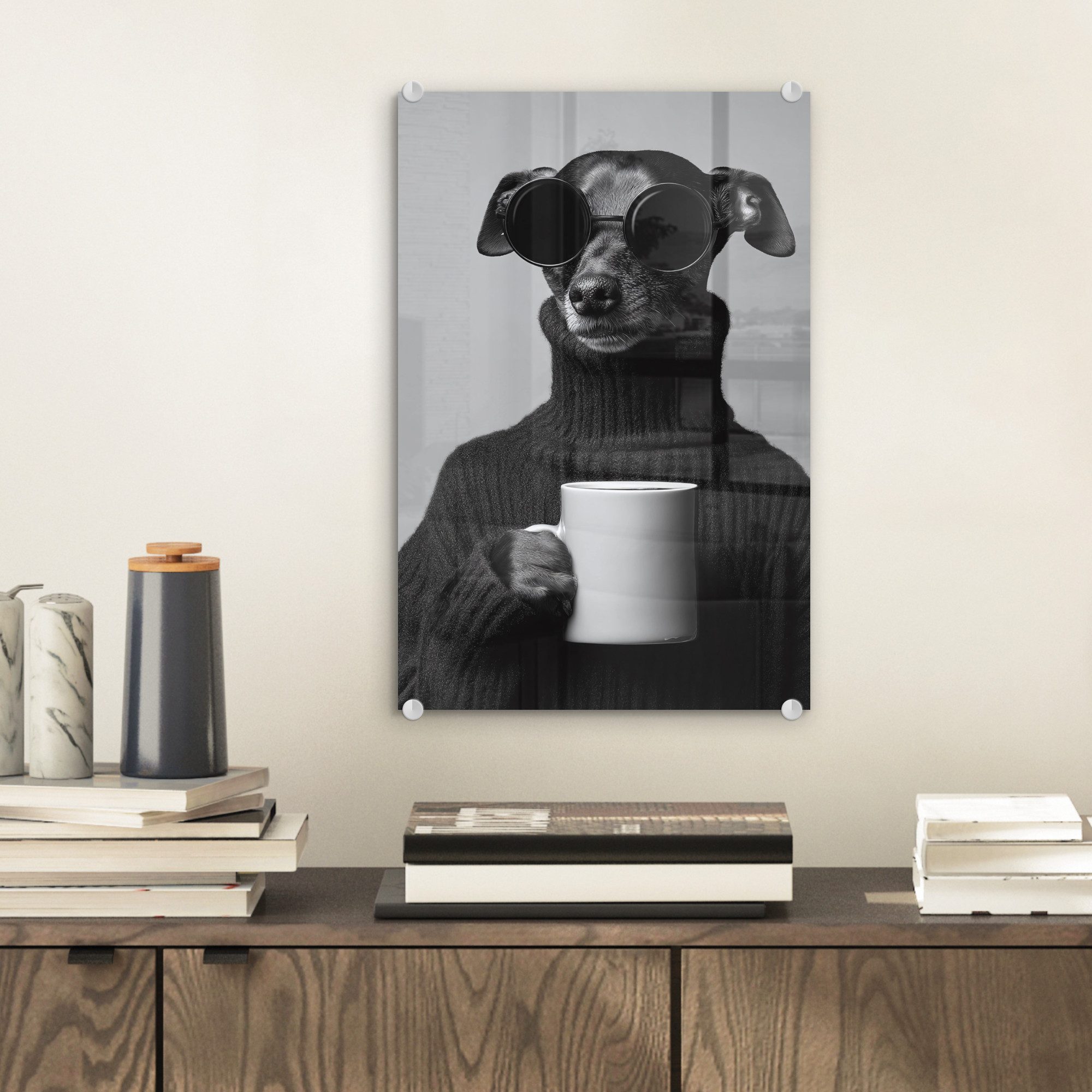 MuchoWow Acrylglasbild Rollkragenpullover - Hund - Brille - Becher, Inkl. Aufhängung, Dekorative Bild für Küche & Wohnzimmer auf Glas, 20x30 cm