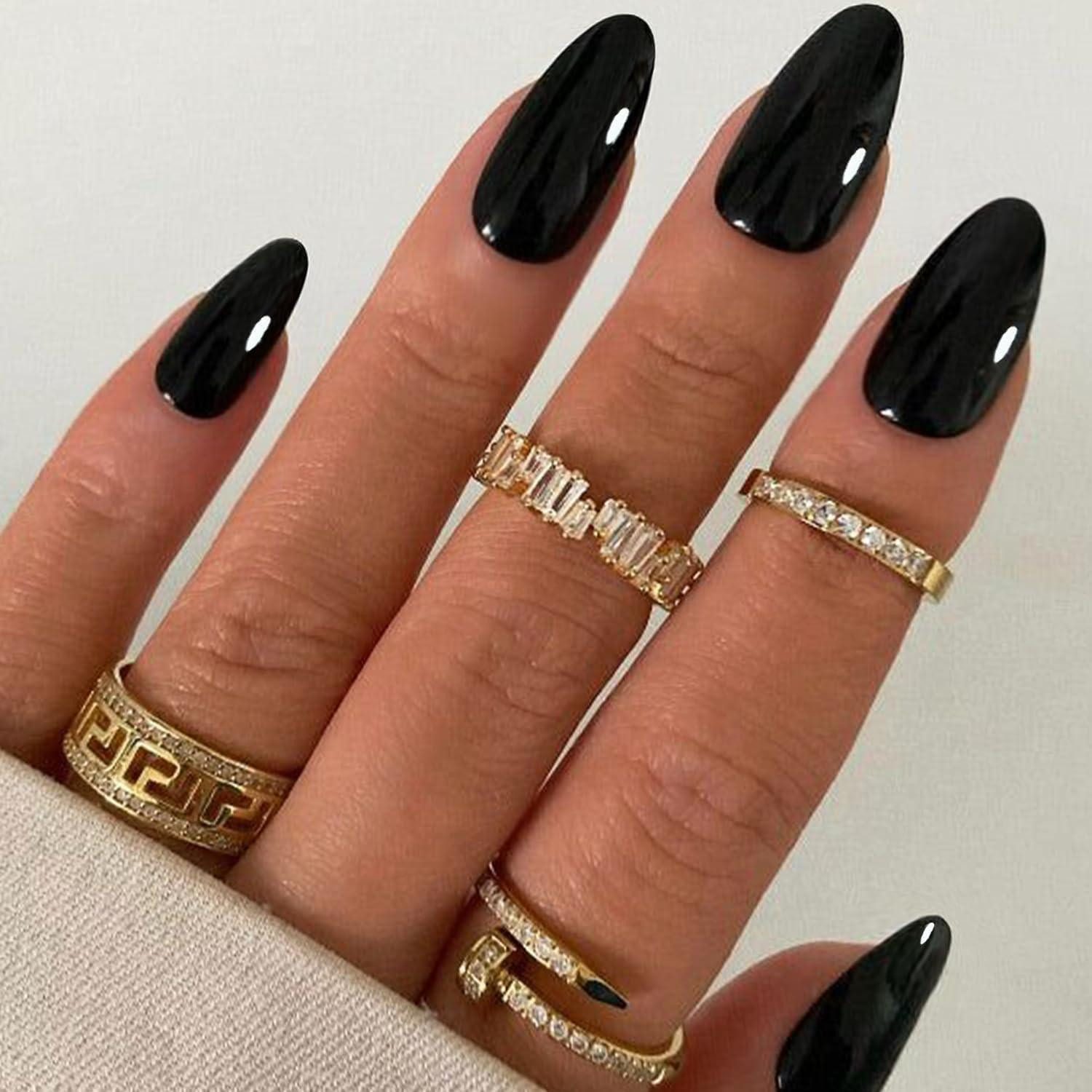 LuxusKollektion Kunstfingernägel Künstliche Fingernägel 24 Mittlere Mandel Schwarz Reines Schwarz