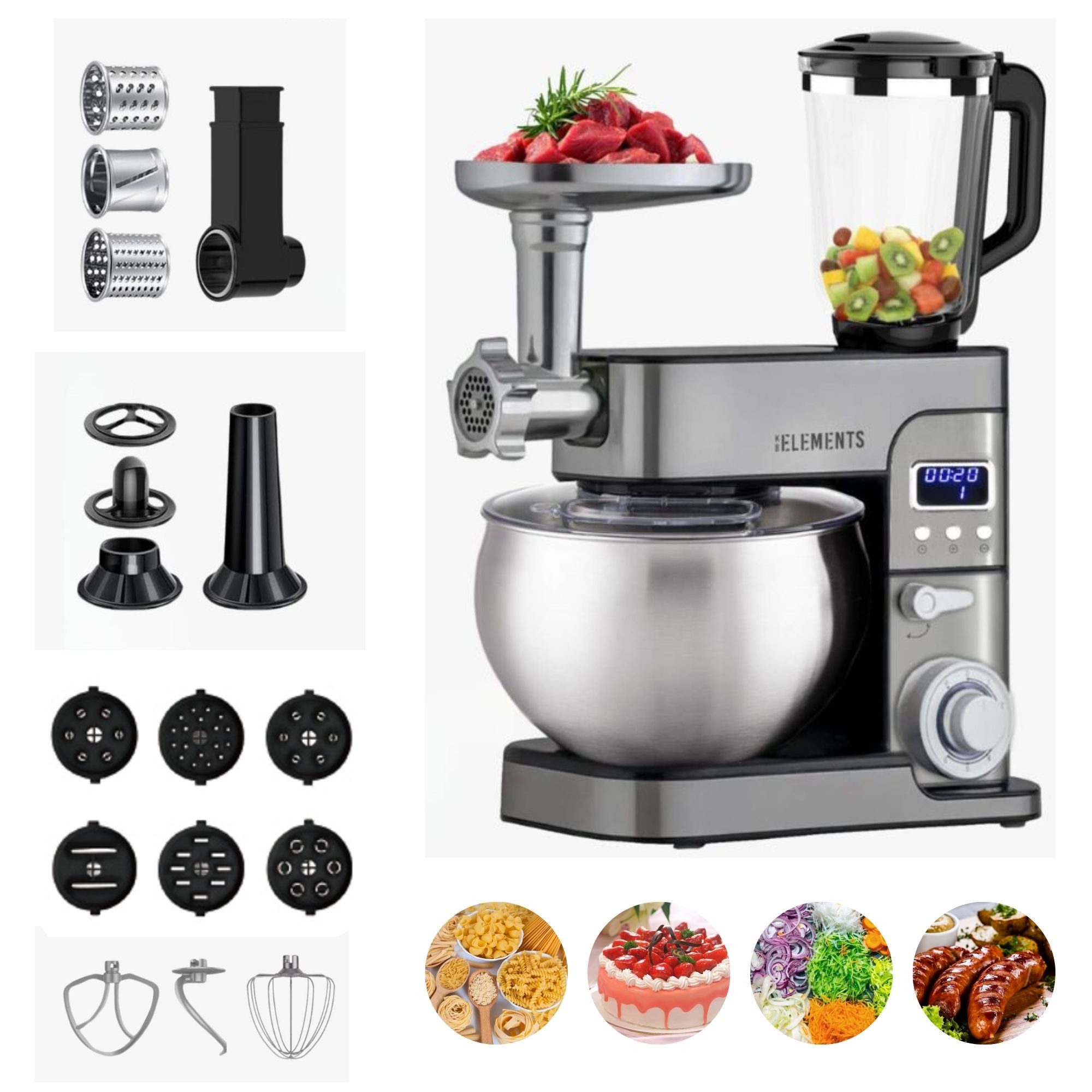 KB Elements Küchenmaschine, 2500,00 W, 7,00 l Schüssel, Fleischwolf, Teigmaschine, Crusher, Stand Mixer, Durchlaufschnitzler