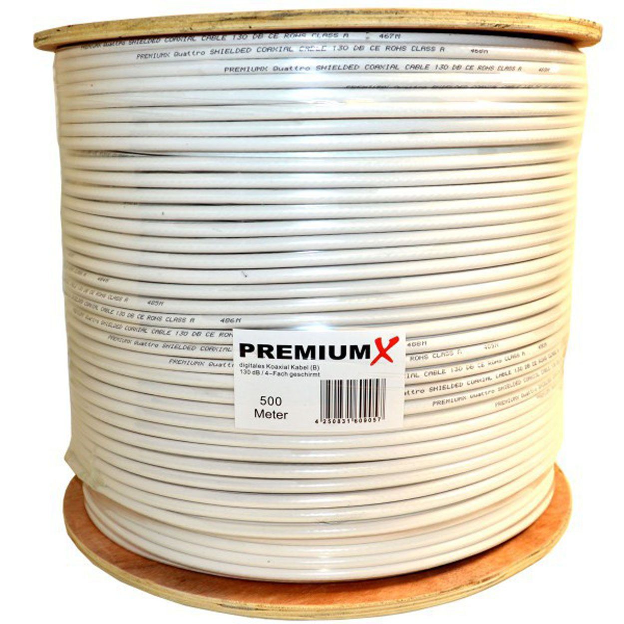 PremiumX 500m BASIC Koaxialkabel 135dB 4-fach SAT Kabel 50x SAT-Kabel F-Stecker Koax