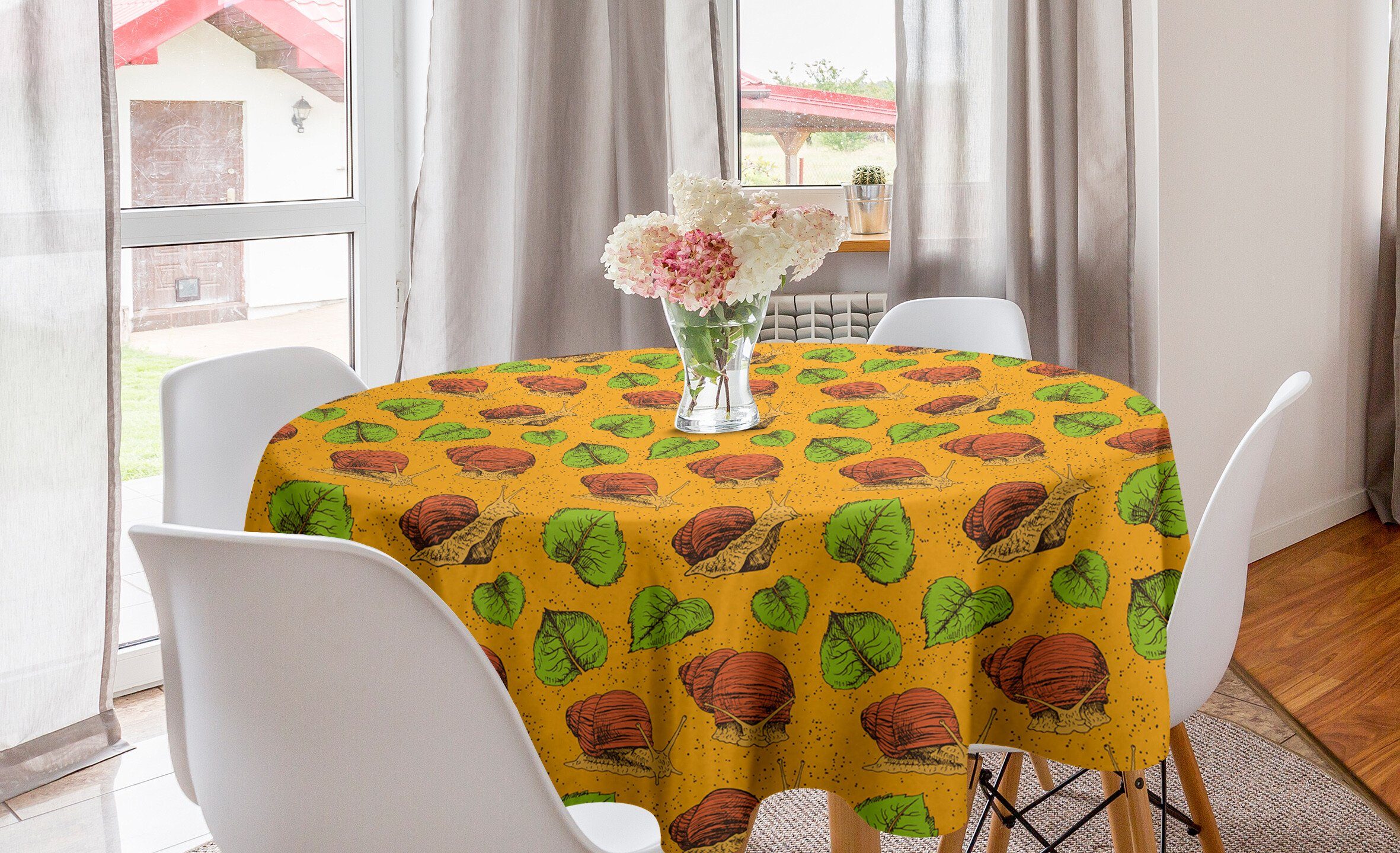 Abakuhaus Tischdecke Kreis Tischdecke Abdeckung für Esszimmer Küche Dekoration, Schnecke Mollusken und Blätter im Herbst