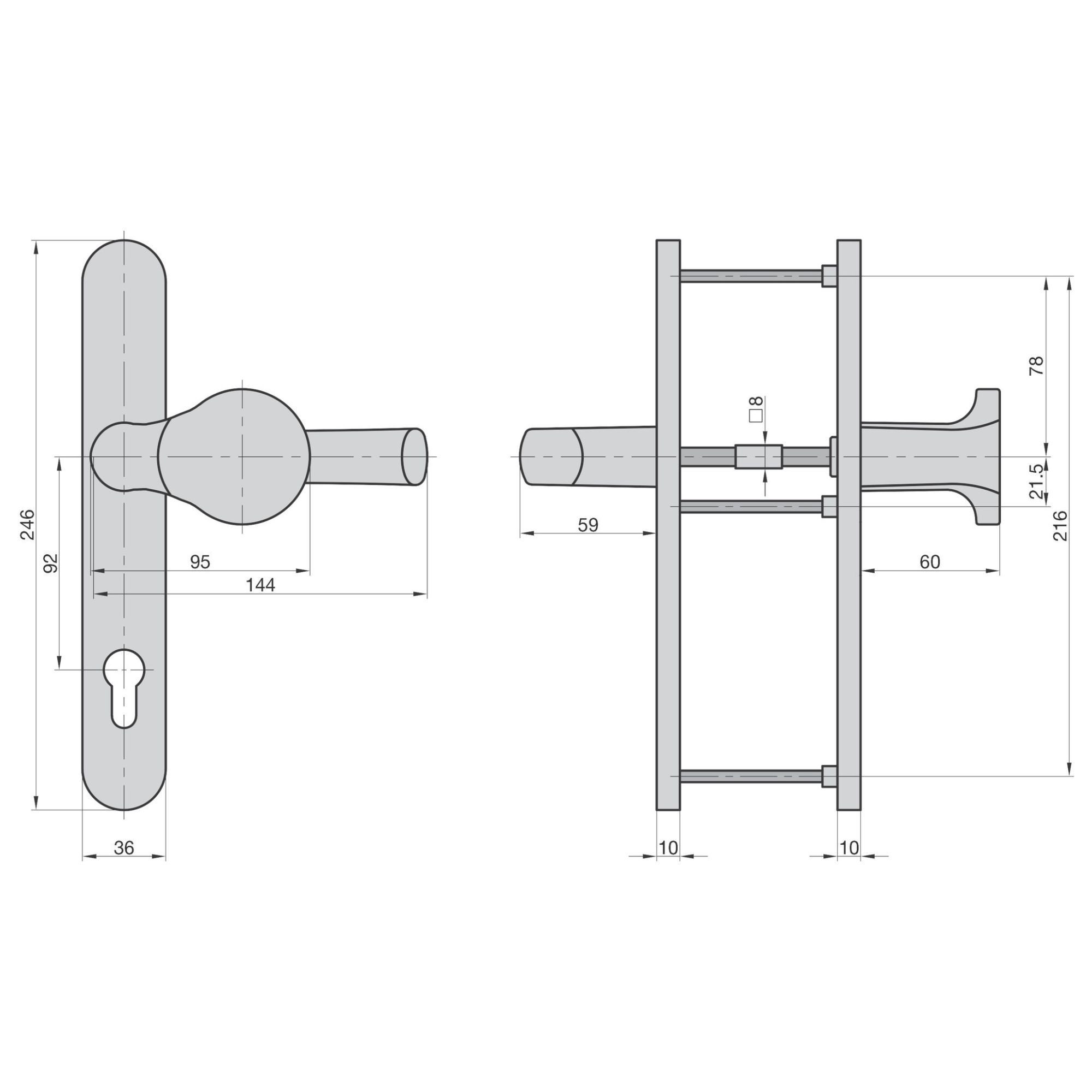 BASI Türbeschlag Wechsel-Garnitur (Packung), Schmalrahmenbeschlag PZ 92/8 mm, Langschild Edelstahl, Türen 45-82 mm