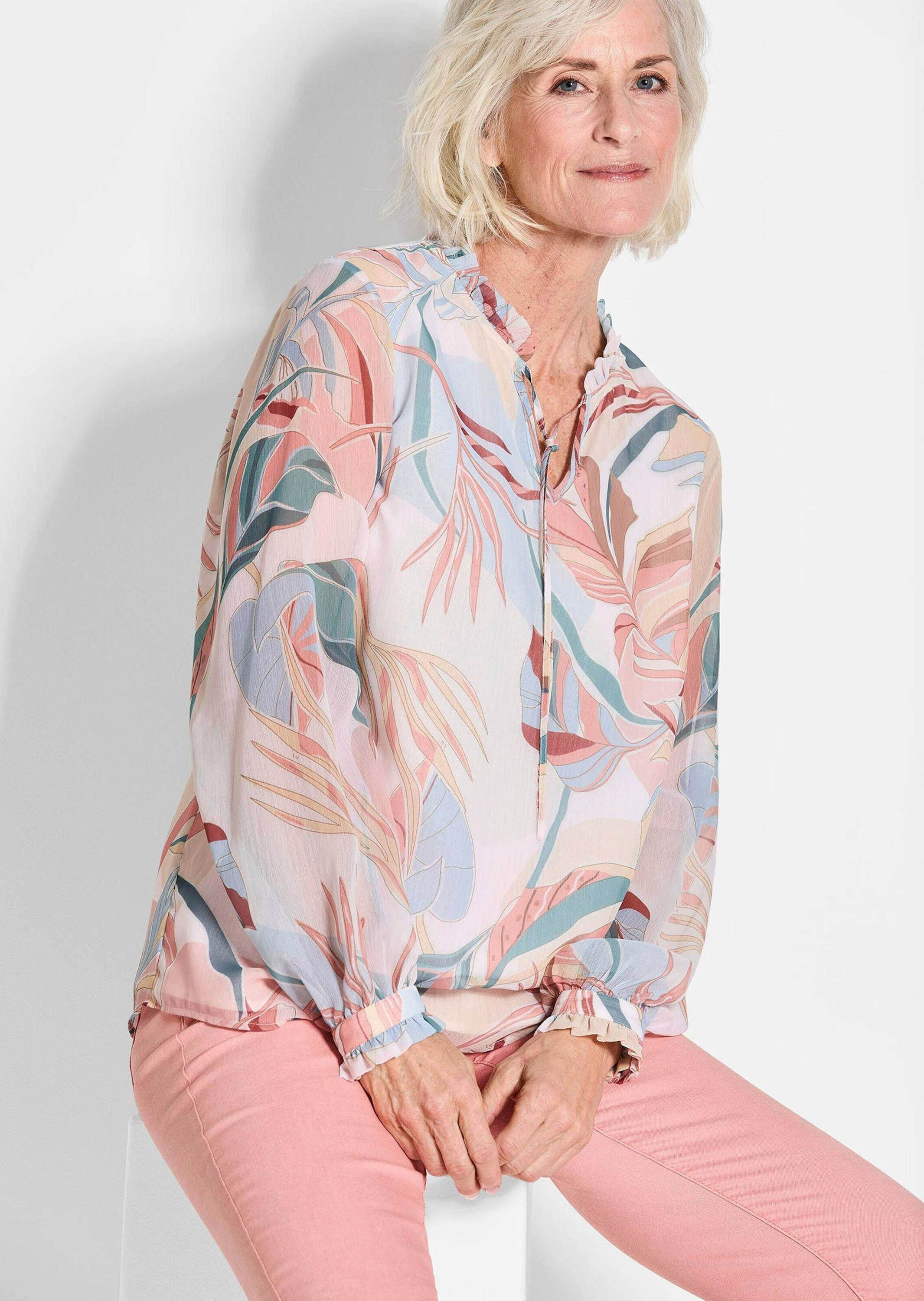 GOLDNER Schlupfbluse Luftige Bluse mit Rüschen-Details Romantische Chiffonbluse mit V-Ausschnitt, Langarm, floraler Druck