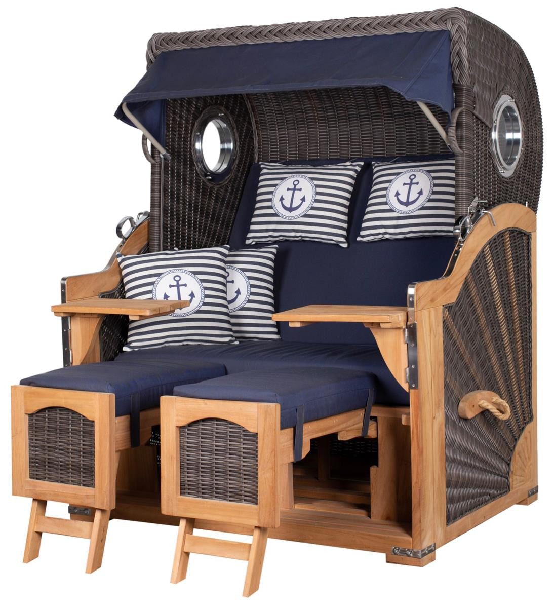 deVries PURE® Strandkorb Seemöwe XL - PE stone grey - Dessin 198, BxTxH: 140x95x160 cm, Halblieger, Ostsee-Strandkorb, Teakholz - Bullaugen - Kissenausstattung und Schutzhülle