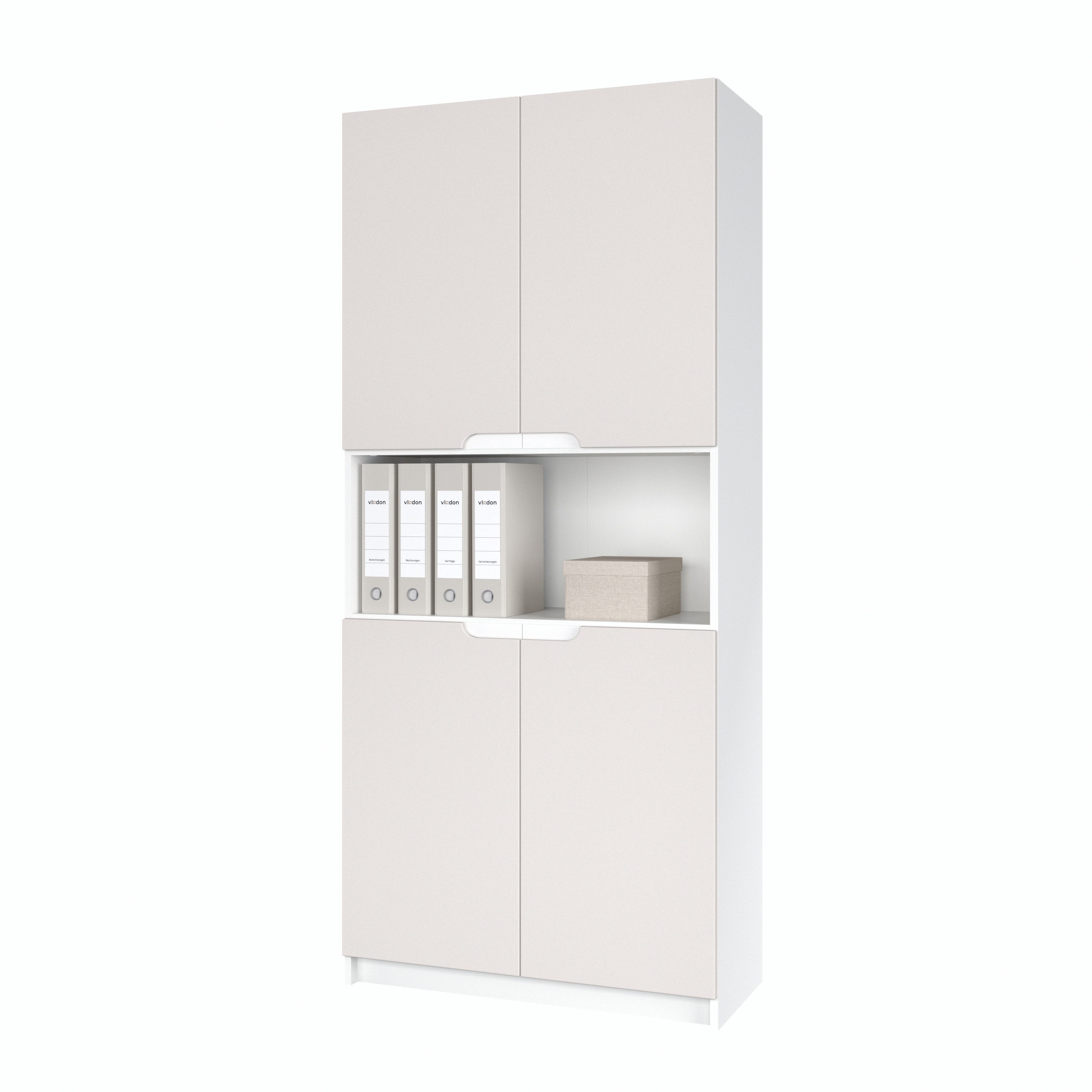 Vladon Aktenschrank Logan V2 (Aktenschrank, mit 5 Fächern und 4 Türen) Weiß matt/Cashmere (82 x 184 x 37 cm)