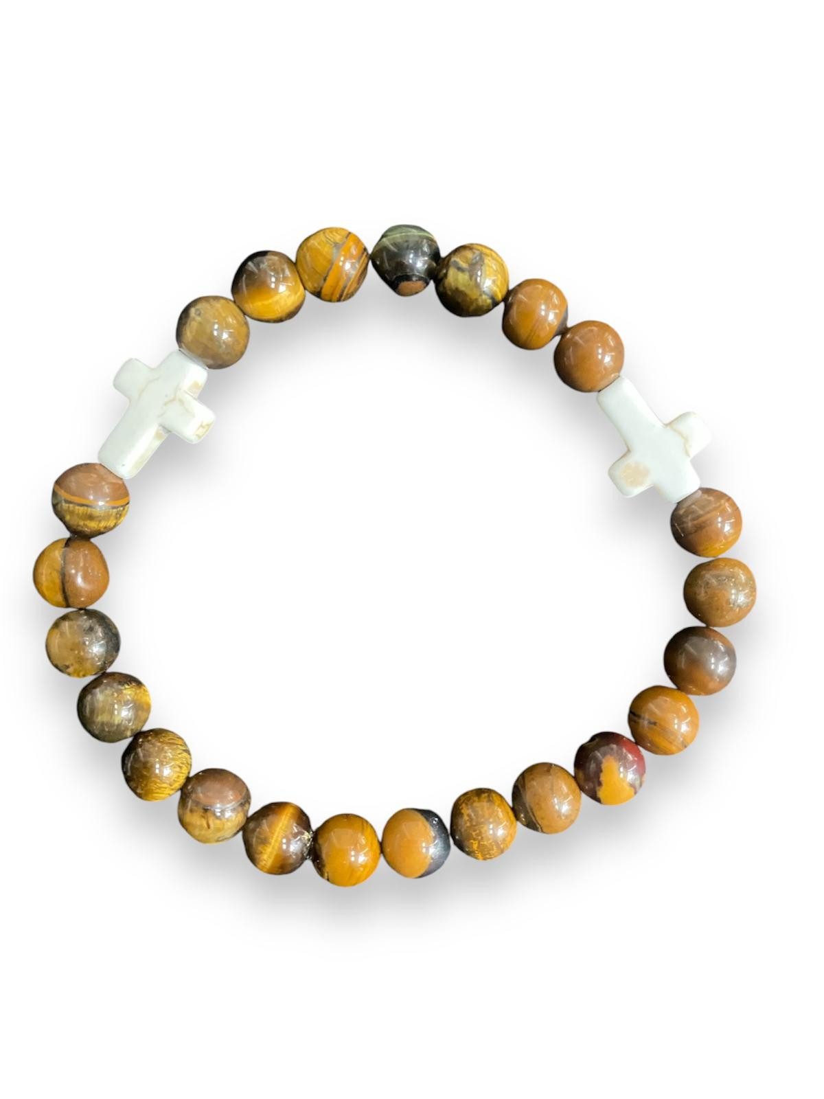 Perlenarmband Tigerauge Edelstein Armband 3 Weiße Kreuze 23 Perlen