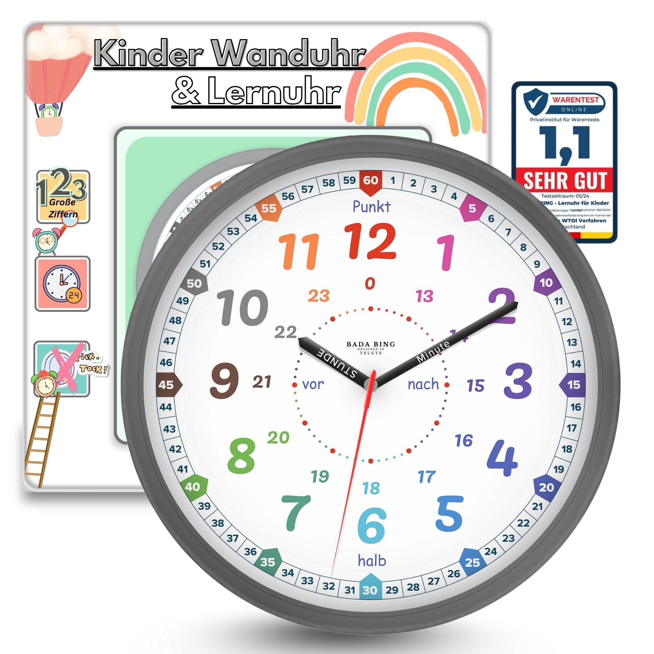 Bada Bing Wanduhr Lernuhr für Kinder 25cm Ø Uhr zum Lernen der Uhrzeit Kind günstig online kaufen