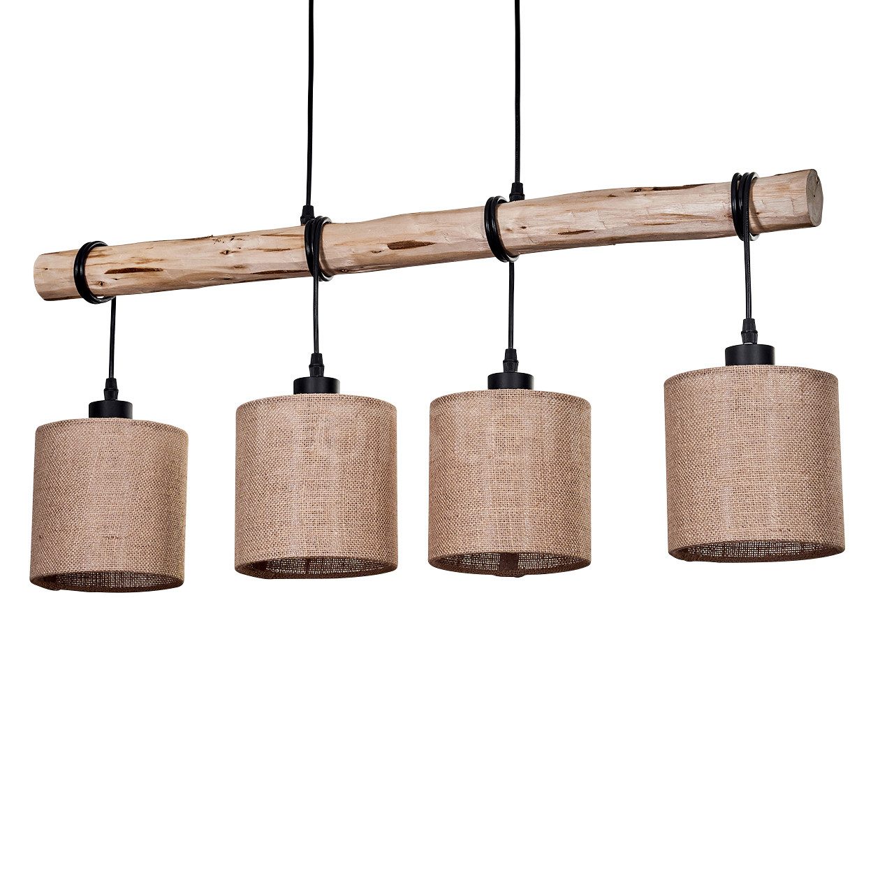 hofstein Pendelleuchte moderne Hängelampe aus Holz/Metall/Leinen in Natur/Schwarz/Beige, ohne Leuchtmittel, Hängeleuchte im skandinavischen Design, 4x E27, ohne Leuchtmittel