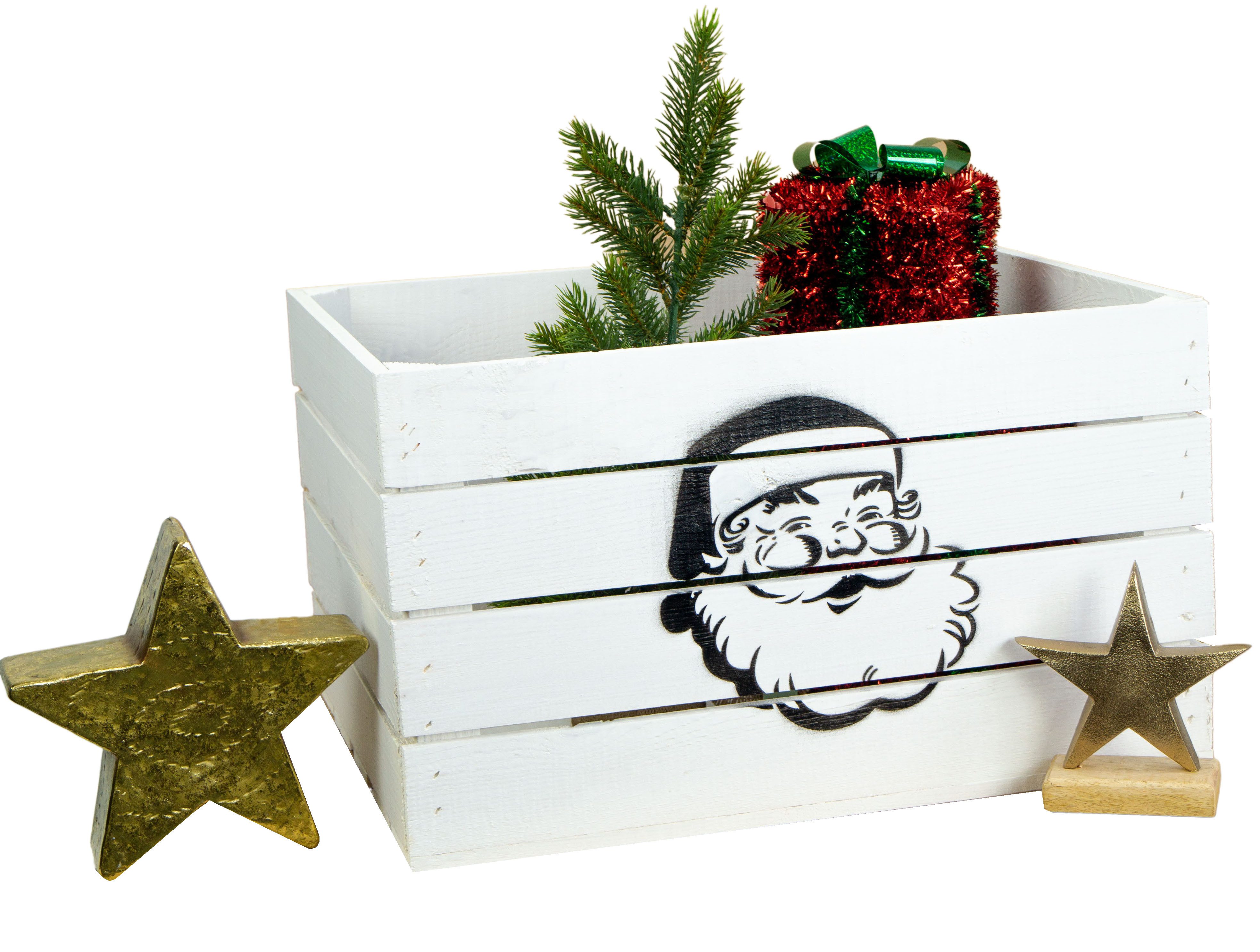 Kistenkolli Altes Land Allzweckkiste Obstkiste weiss mit schwarzem Weihnachtsmann (Spar-Set, 1er Set)