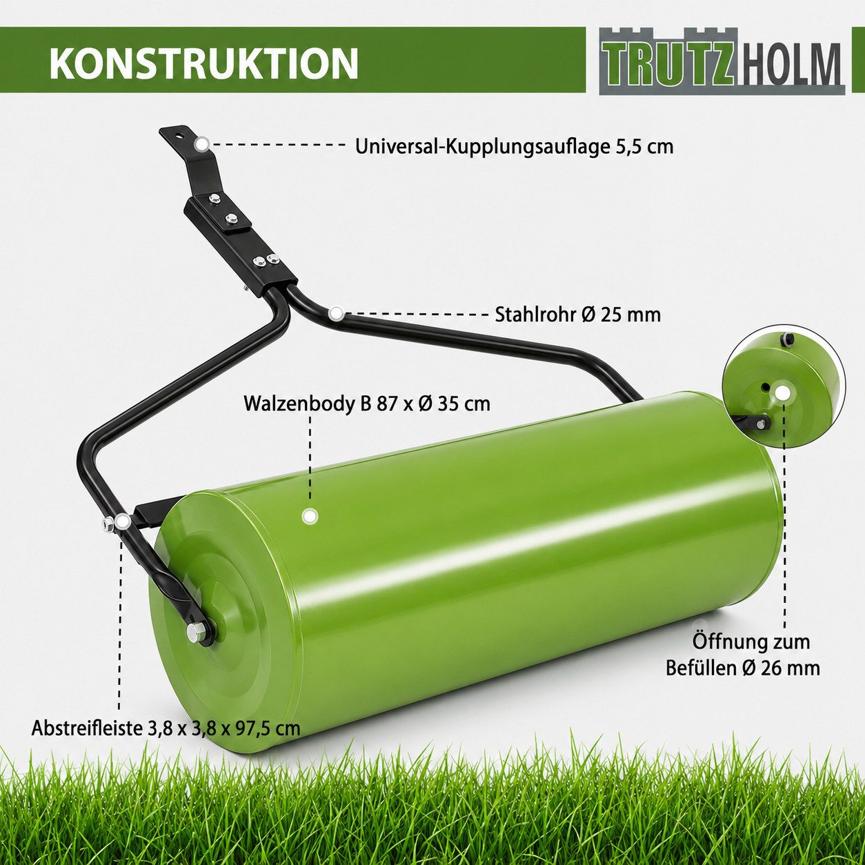 TRUTZHOLM Rasenwalze für Rasenmähtraktor 98 x 36 cm 95 L grün Walze Ackerwalze ATV Quad