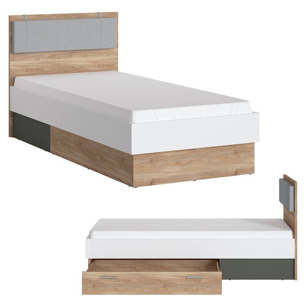 Lomadox Jugendzimmer-Set TOMAR-129, (Sparset, 5-tlg), Set mit und Eiche mit grau und 90cm Schreibtisch, Bett weiß Komplett