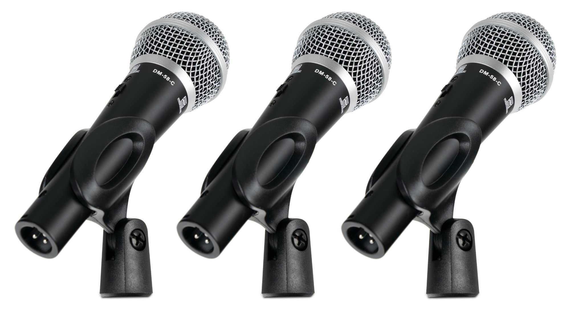 Pronomic Mikrofon DM-58-C Vocal dynamische Mikrofone mit Nieren-Charakteristik (3er Set im Koffer, 10-tlg), Ein-/Aus-Schalter - inkl. Mikrofonklemmen