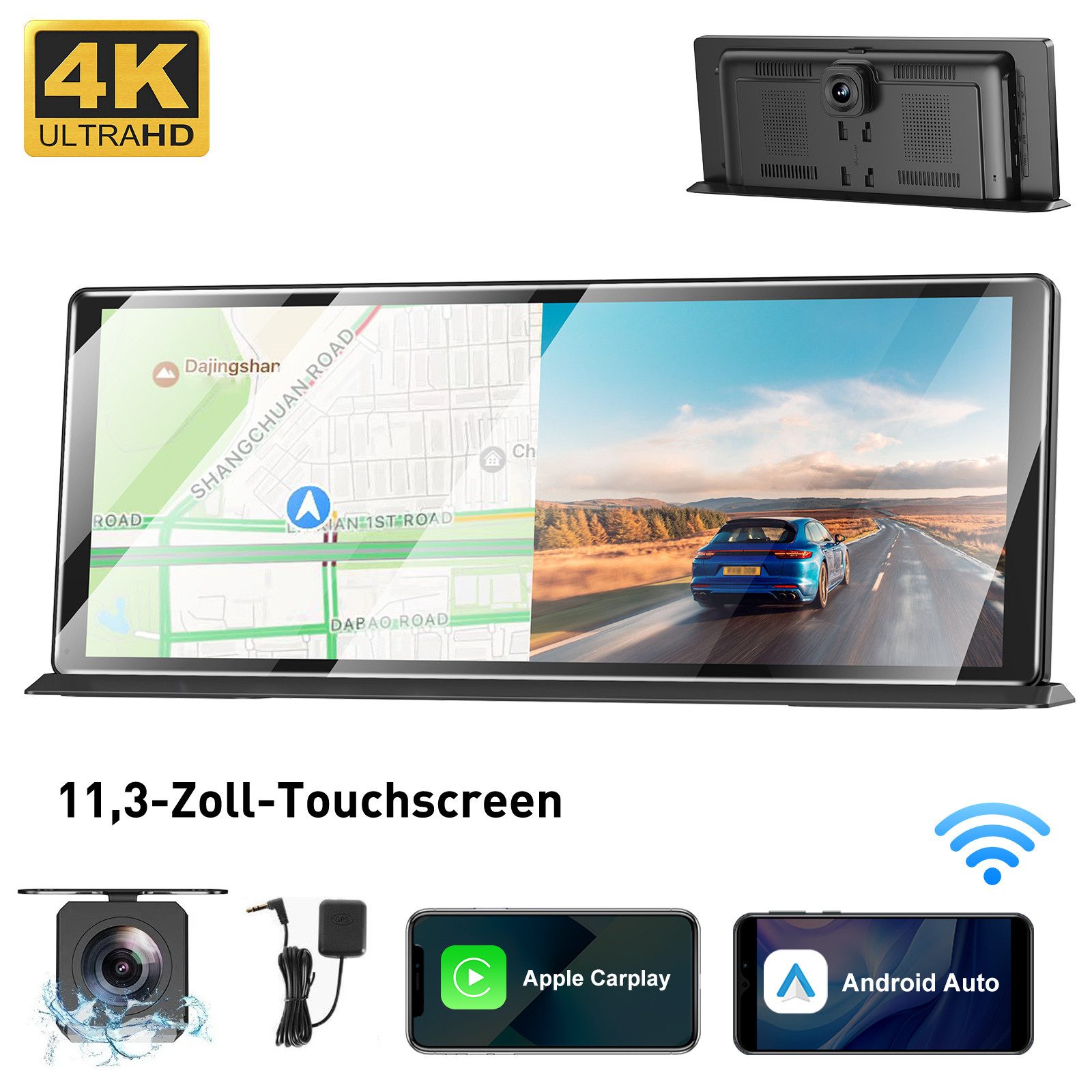 ESSGOO 11,3" Tragbares 4K Android Auto Touchscreen kabellos BT CarPlay Navigationsgerät (Mit Bluetooth Freisprecheinrichtung AM FM Fernbedienung DAB+ RDS)