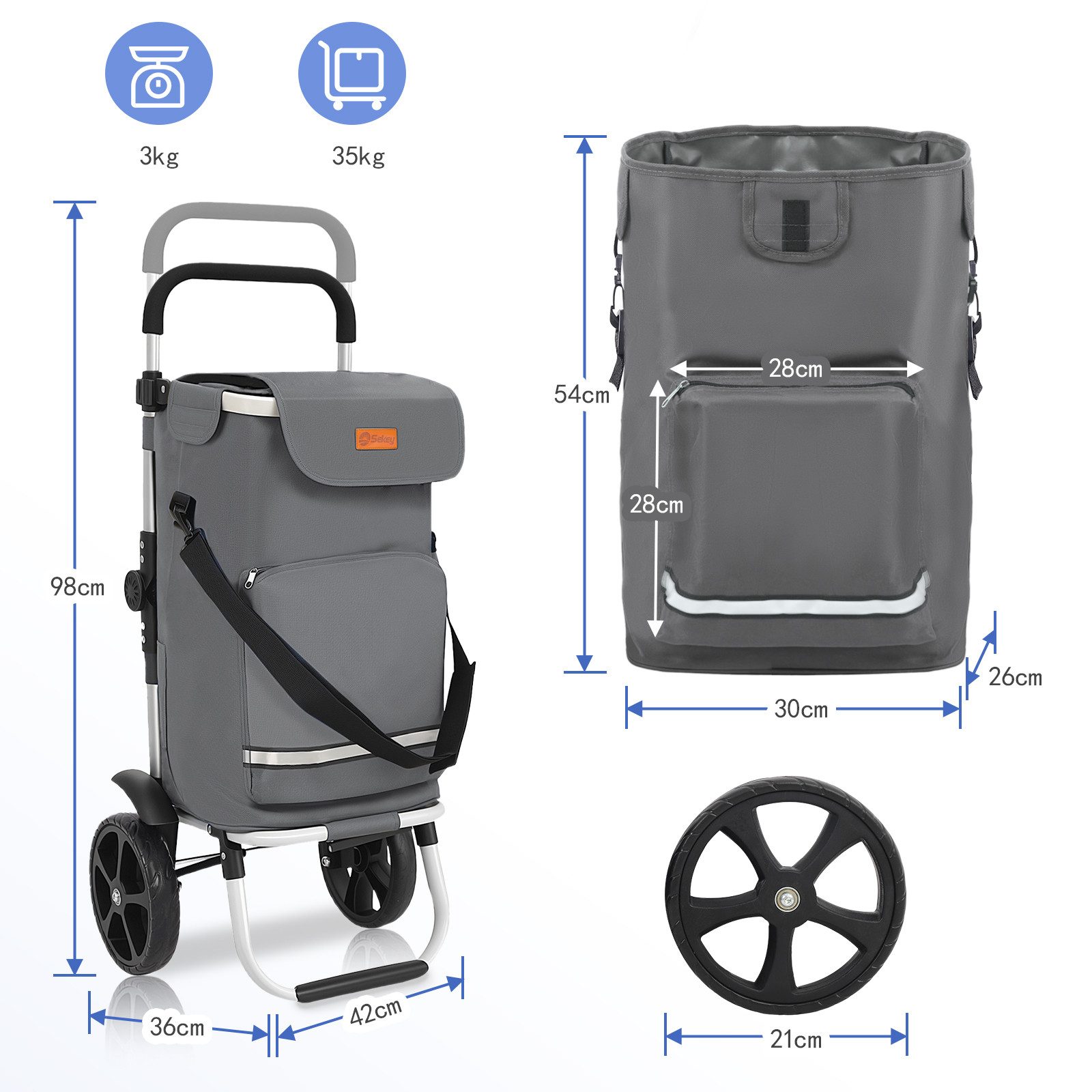 Sekey Einkaufstrolley 3-in-1 mit Kühlfach und Spanngurt, Faltbarer Einkaufswagen 42L & 35kg, 3-in-1 Trolley, Sackkarre & Umhängetasche, Ideal für Einkäufe