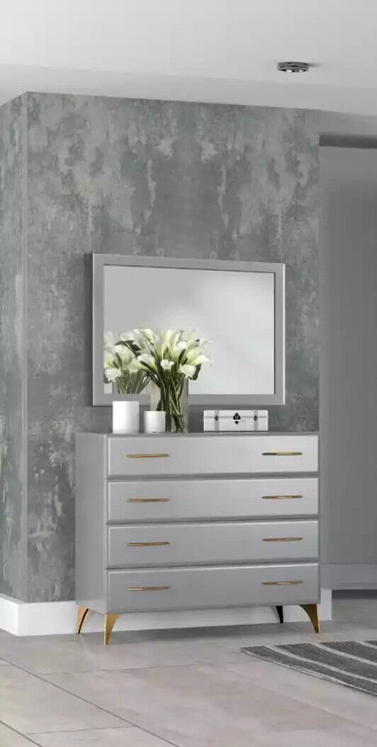 Italy Grau, Spiegel Schlafzimmer Design Holz Luxus JVmoebel Kommode modernes In Made Kommode