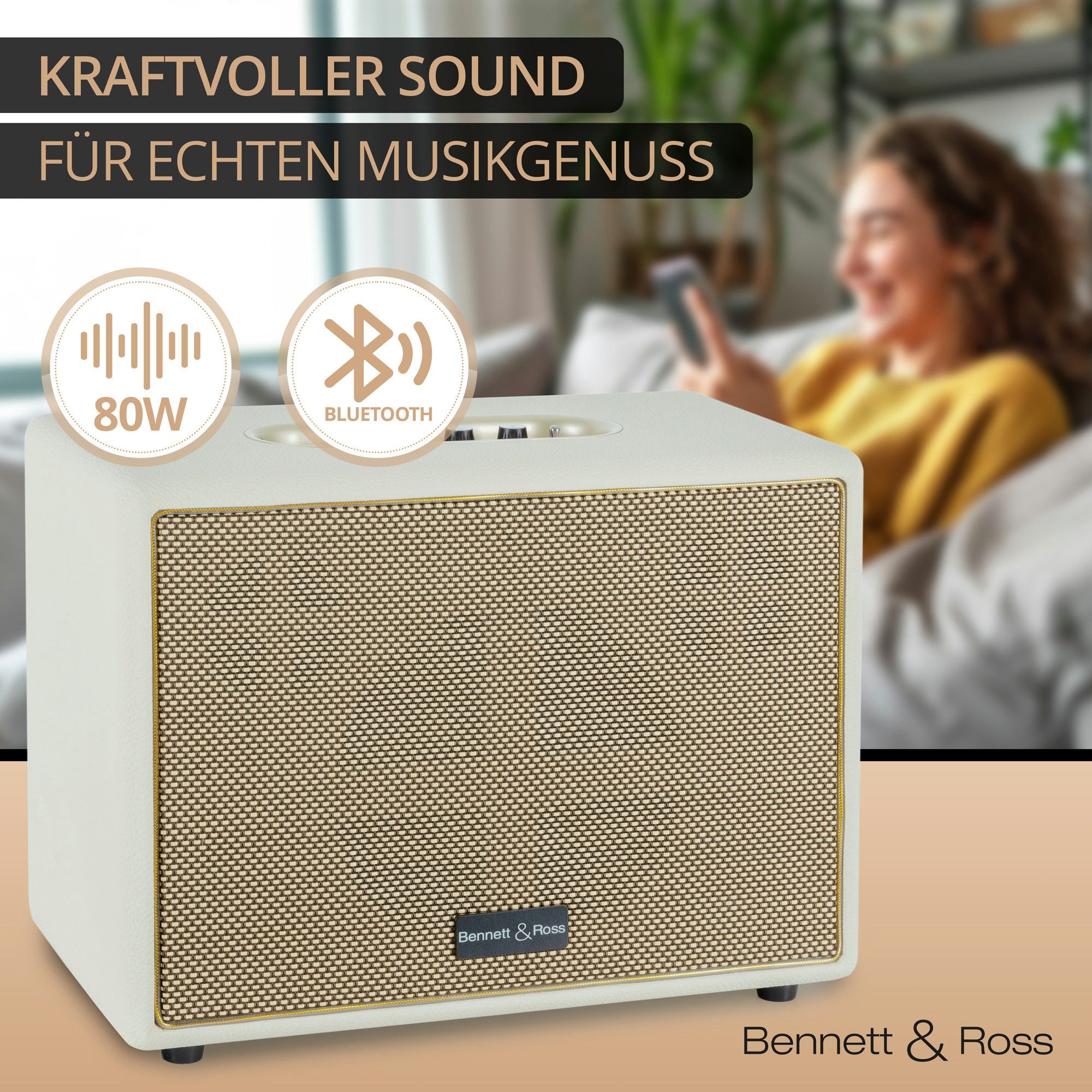 Bennett & Ross BB-880 Blackmore Giant Bluetooth-Speaker (80 W, Retro Lautsprecher in Lederoptik mit TWS-Funktion)