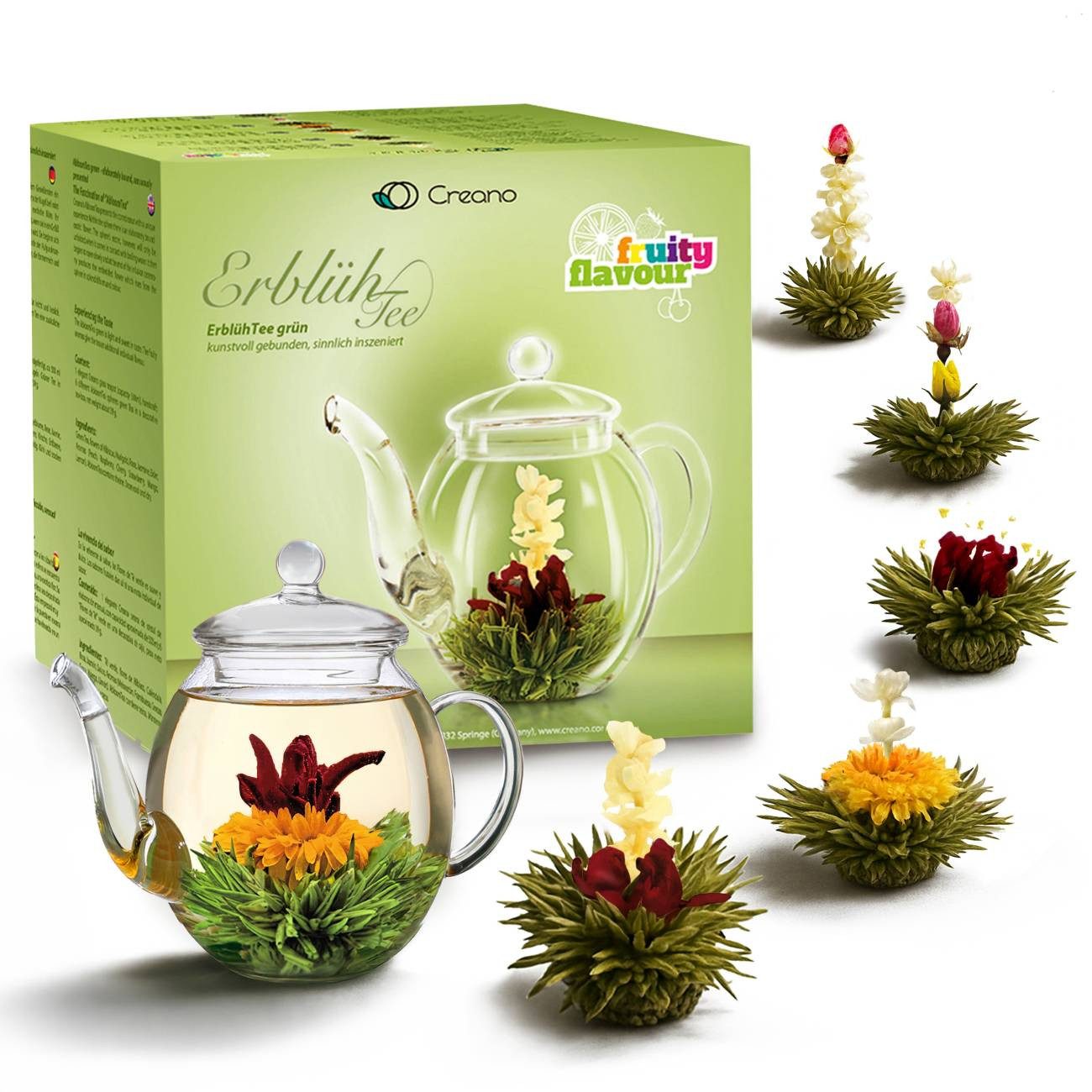 Creano Tee Geschenkset Erblühtee mit Glaskanne Grüner Tee fruchtig, 6 Sorten, 1 x 6 St.